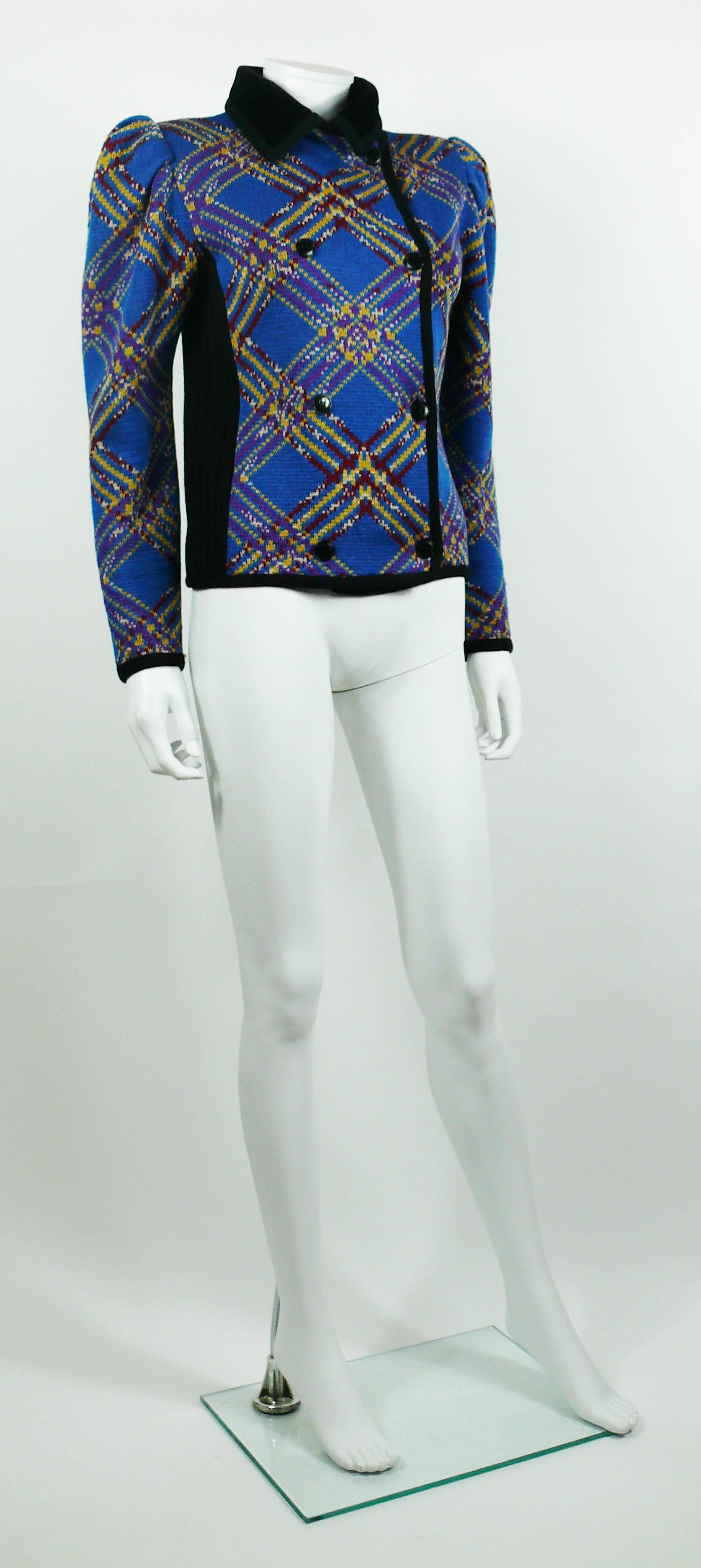YVES SAINT LAURENT Rive Gauche vintage knit cardigan sweater.

Features :
- Multicolored geometric design on a blue background (please note that real blue color shade is slightly different than on pictures).
- Black velvet collar.
- Front