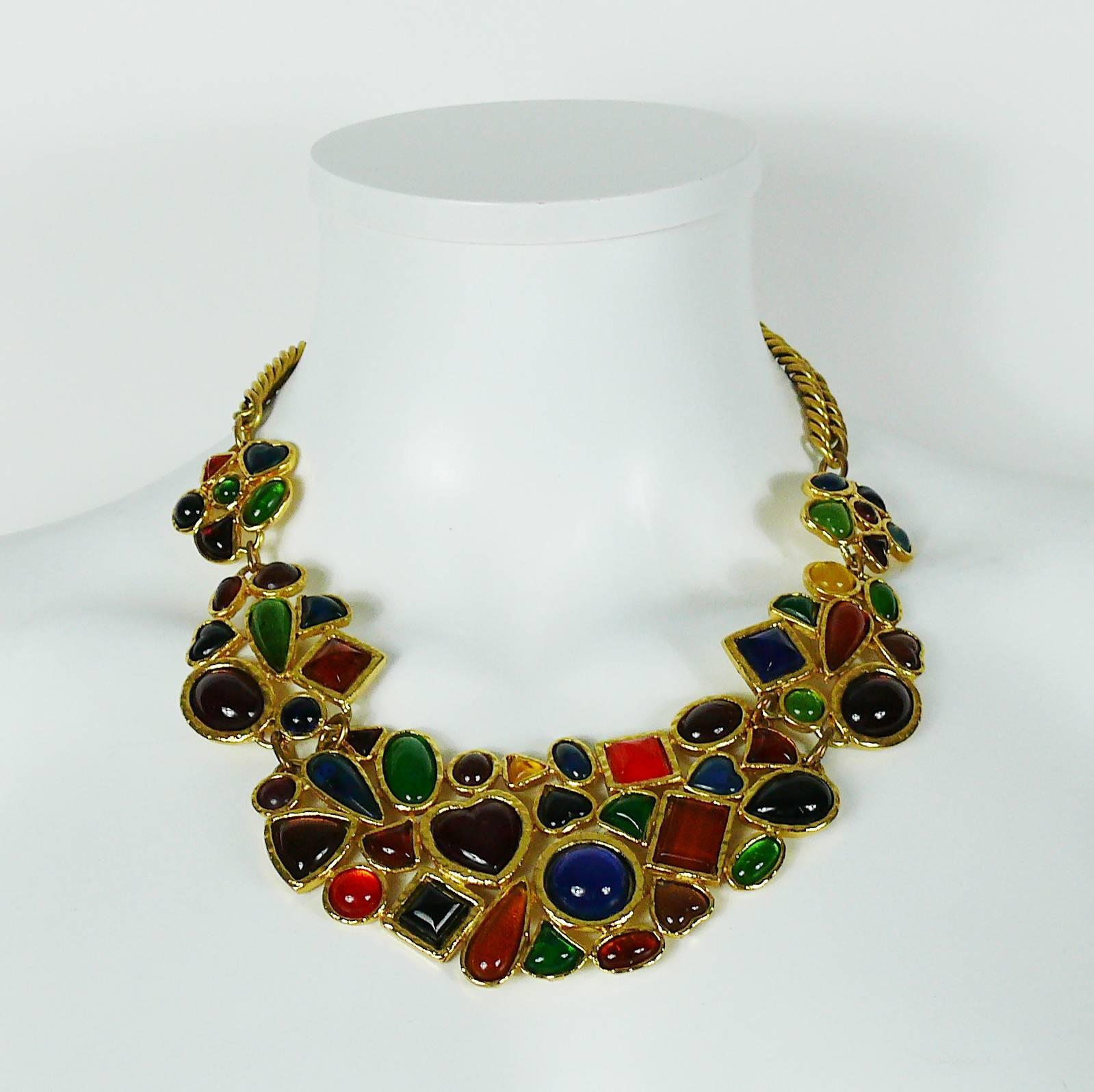 EDOUARD RAMBAUD vintage gorgeous bib necklace featuring multicolored poured glass cabochons in a gold toned setting.

Hook clasp closure.

Marked EDOUARD RAMBAUD Paris.

Indicative measurements : total length approx. 49 cm (19.29 inches) / max.
