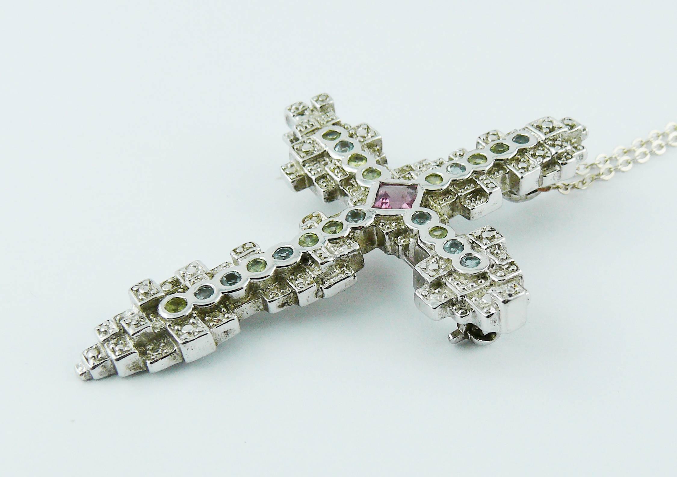 Christian Lacroix Jewelled Sterling Silver Cross Pendant Brooch 1