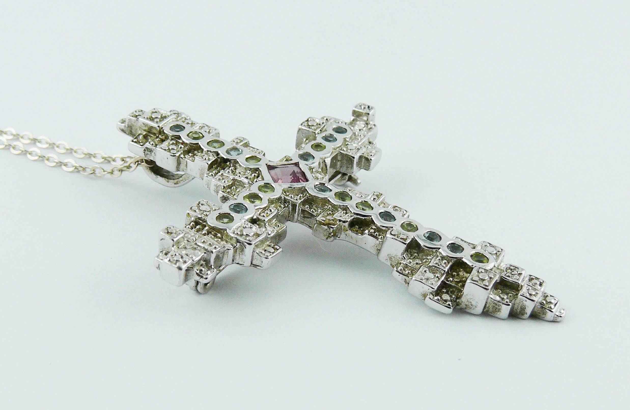 Christian Lacroix Jewelled Sterling Silver Cross Pendant Brooch In Excellent Condition In Nice, FR