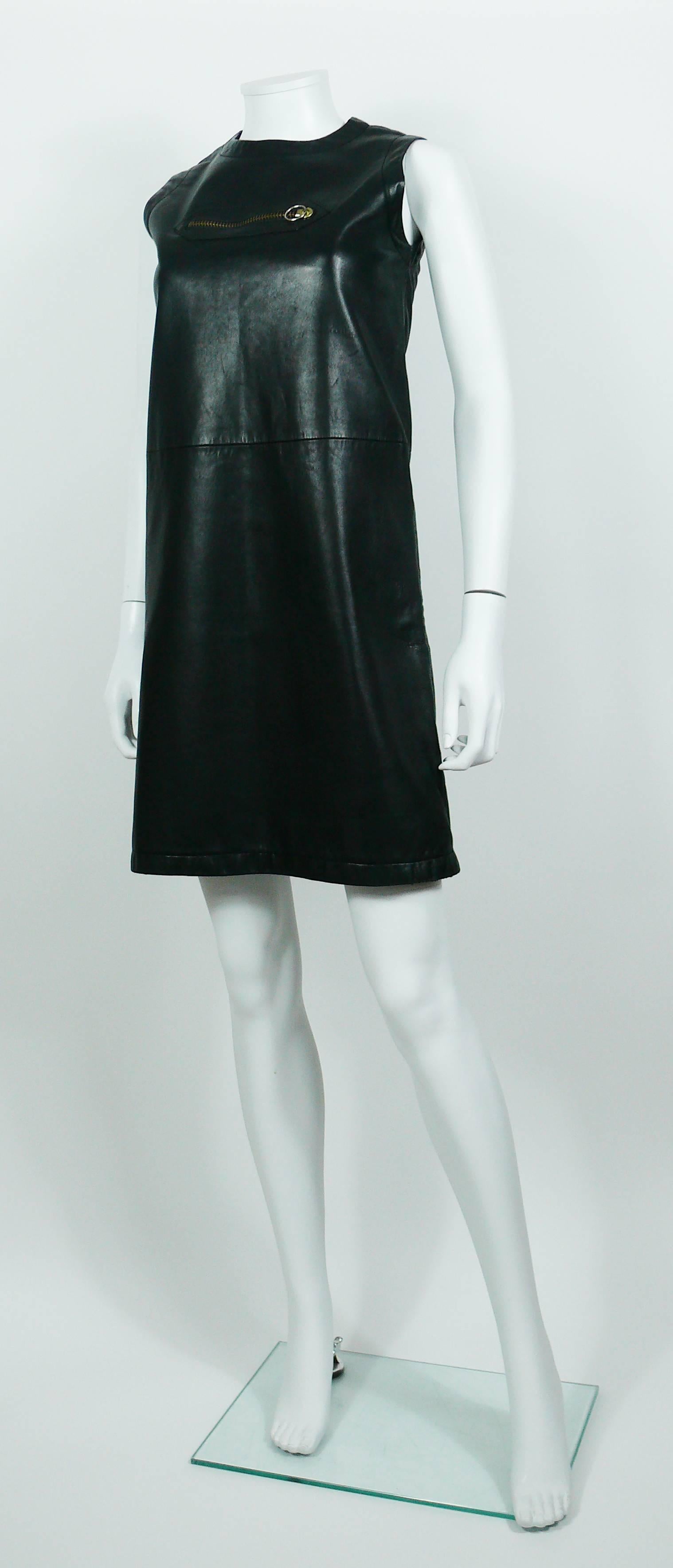 Women's Pierre Cardin Vintage 1970s Little Black Leather Zip Dress