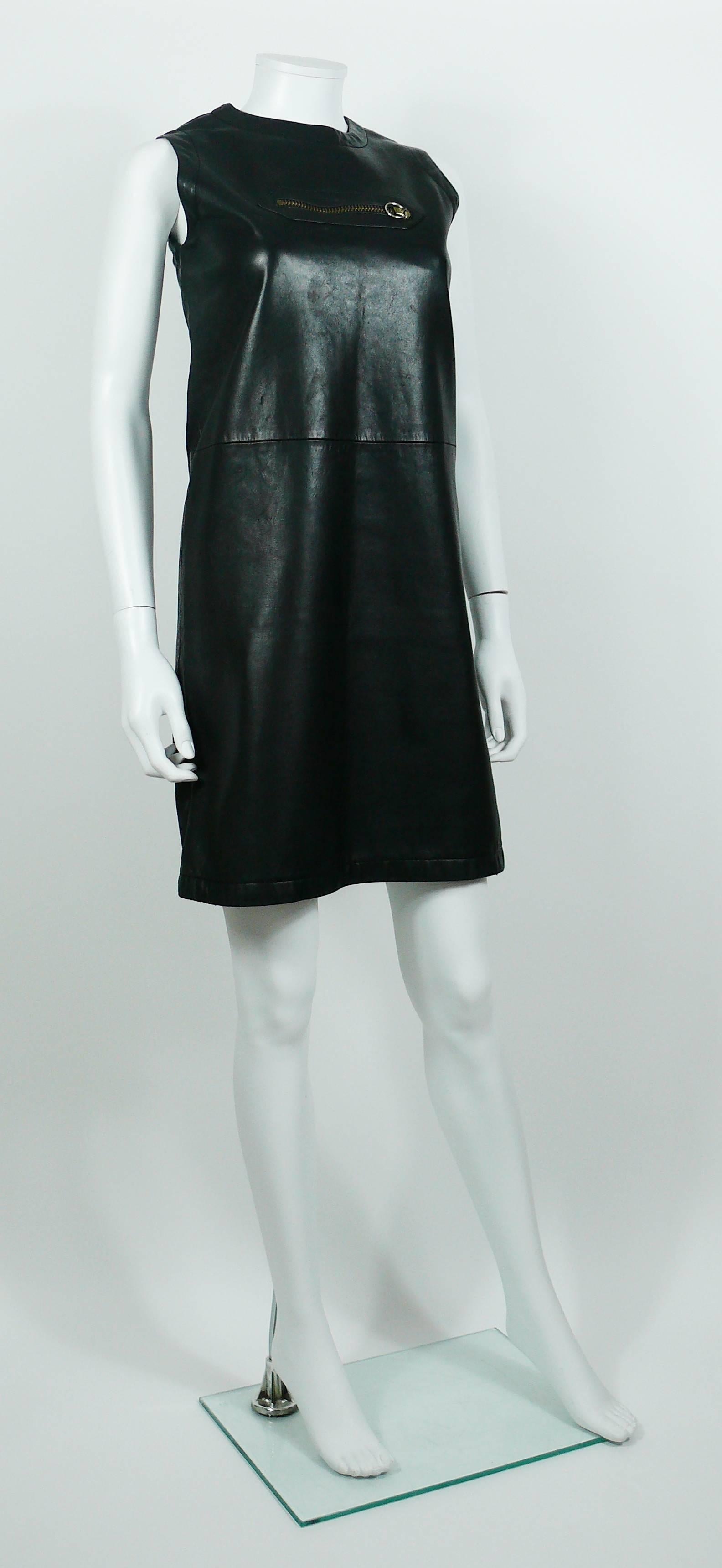 PIERRE CARDIN vintage 1970s soft black sleeveless leather little dress featuring a pocket to front with large zip detail.

Back zip closure.
Fully lined.

Label reads LES VETEMENTS DE PEAU DE PIERRE CARDIN Paris.
Made in France.

Size tag reads :