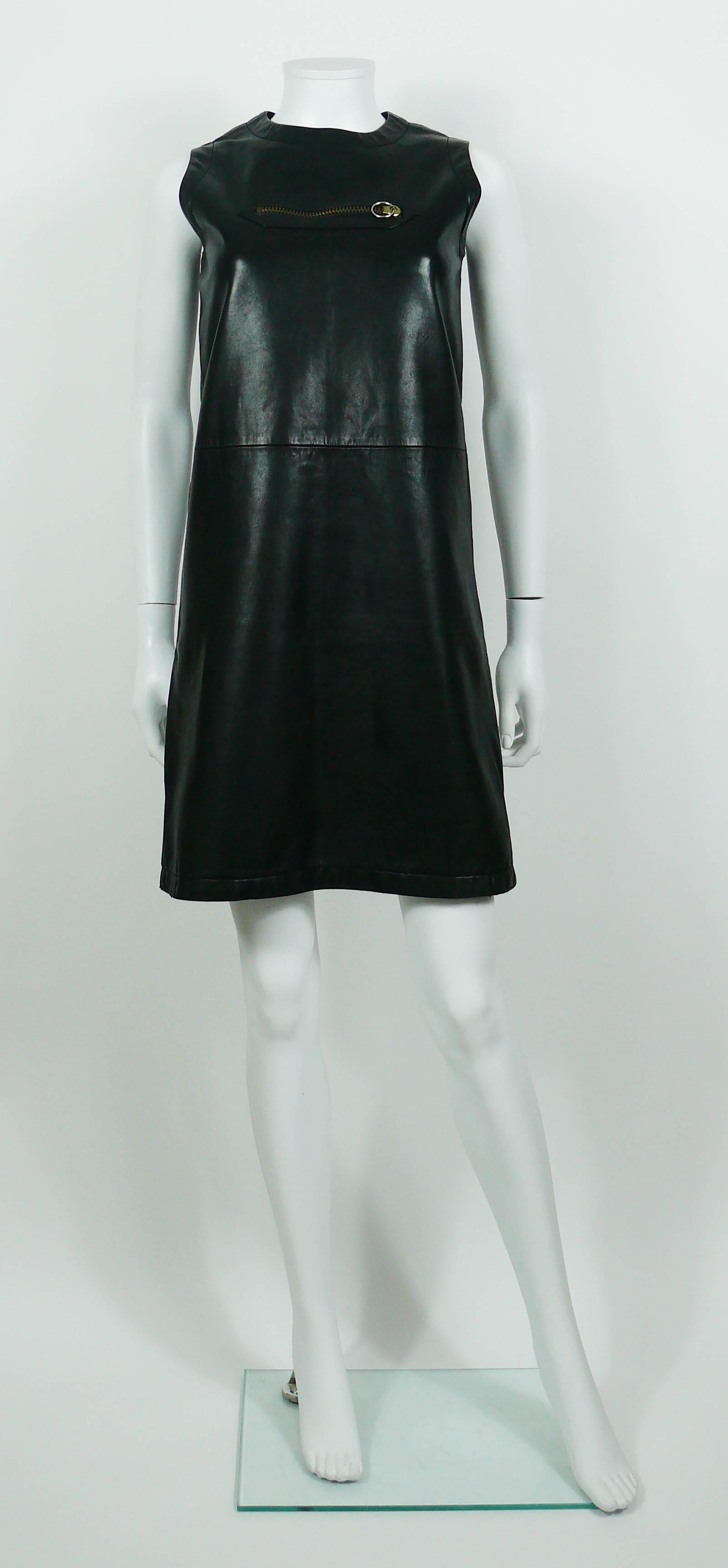 Pierre Cardin Vintage 1970s Little Black Leather Zip Dress In Fair Condition In Nice, FR