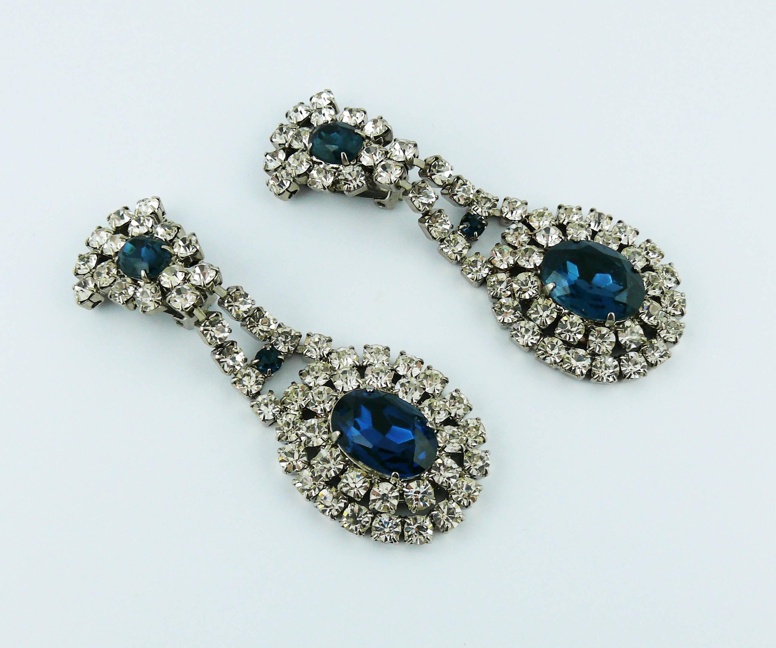 Vintage Sapphire and Clear Crystal Necklace Bracelet Earrings & Brooch Set For Sale 2