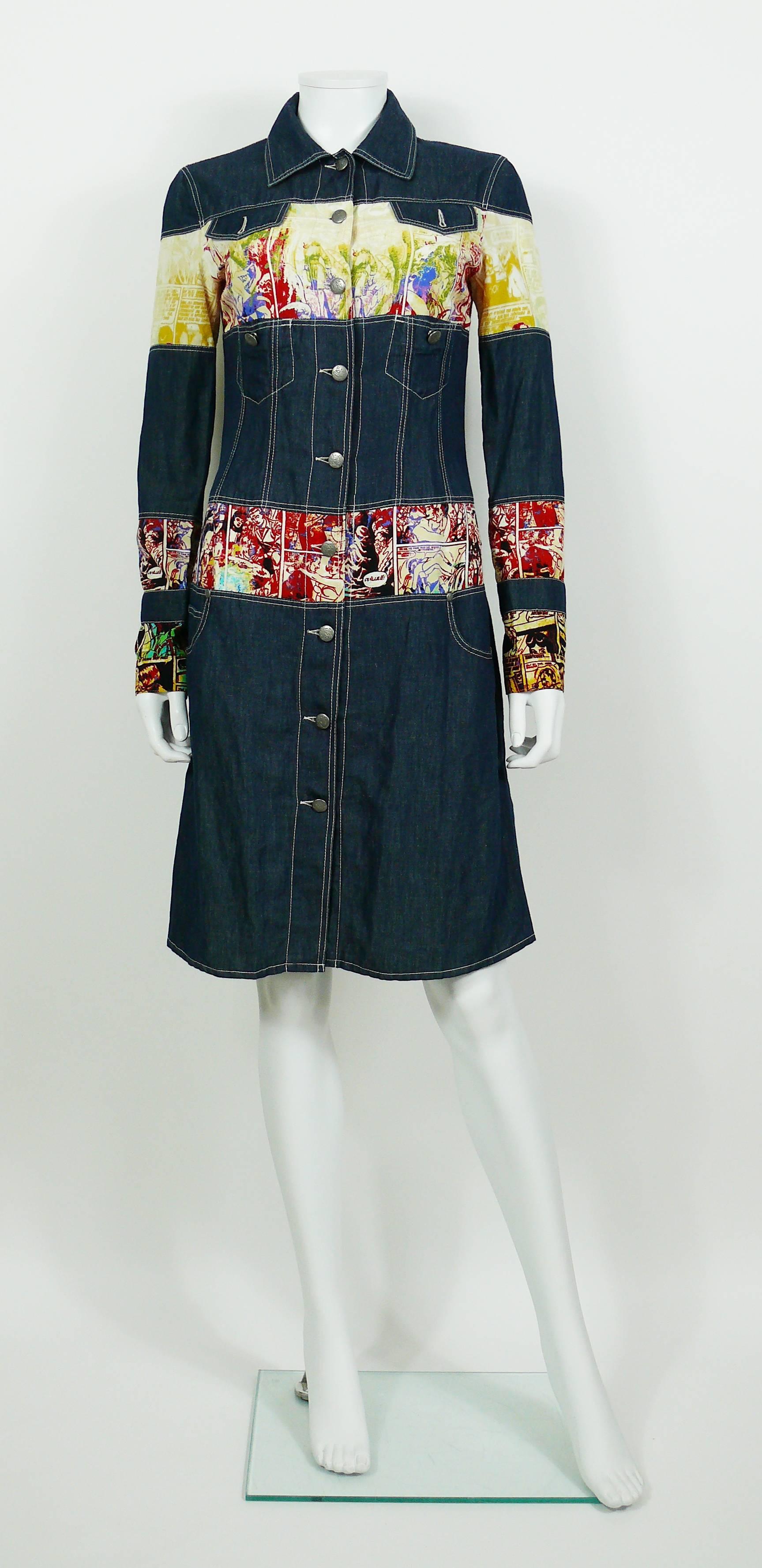 Jean Paul Gaultier Vintage Comics Print Denim Coat Dress In Excellent Condition For Sale In Nice, FR