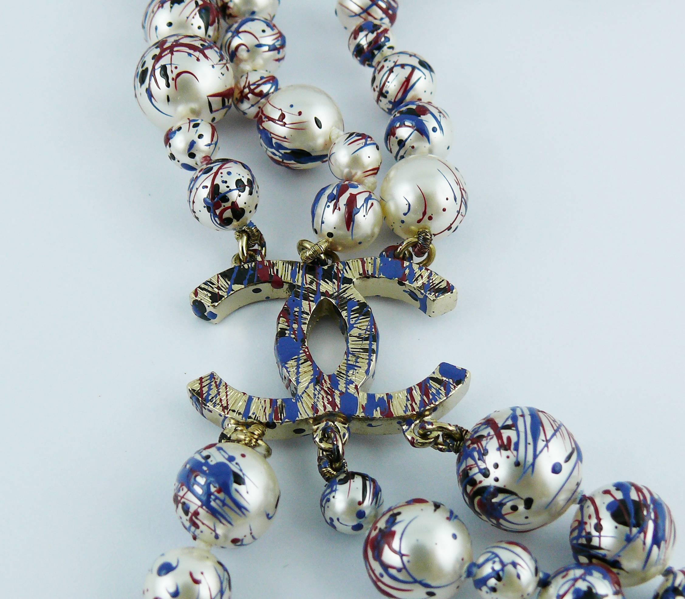 Women's Chanel Fall 2013 Collectable Triple Strand Splatter Paint Pearl Necklace CC