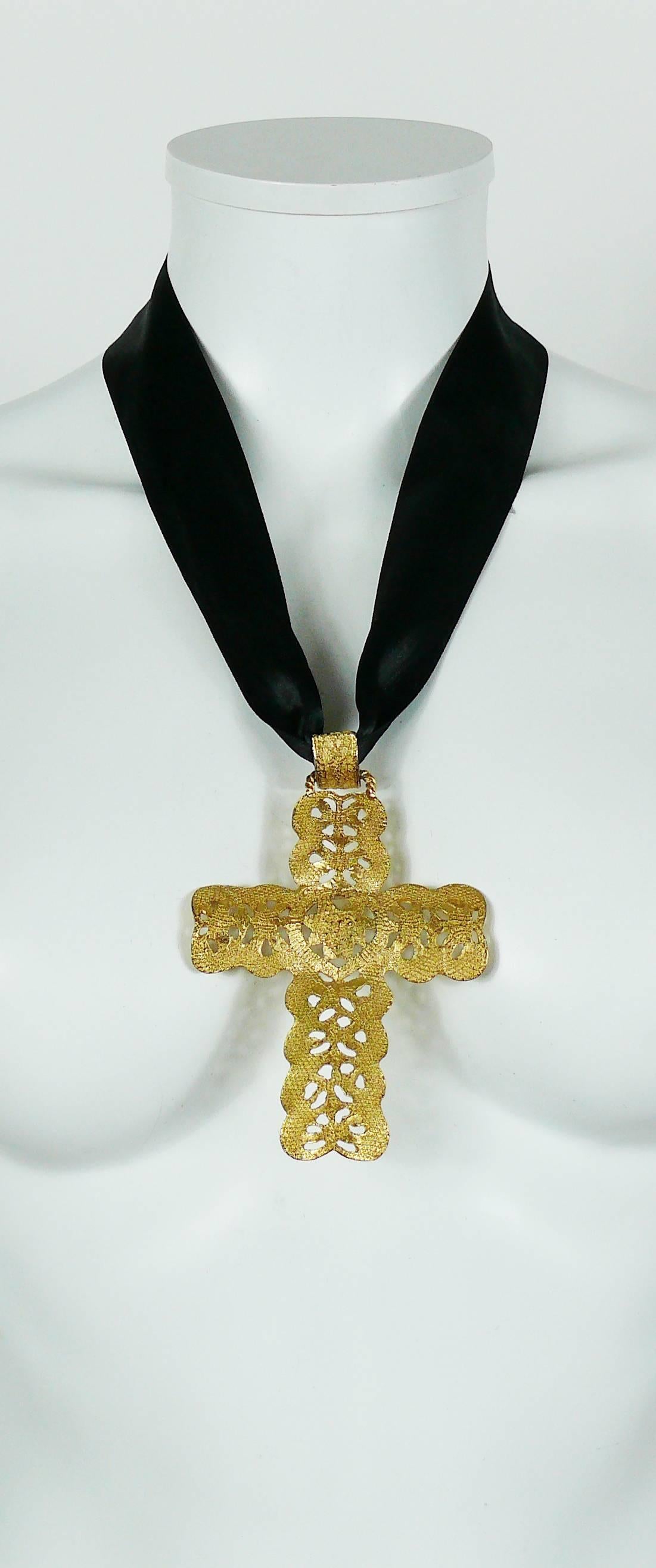 Yves Saint Laurent YSL Vintage Rare Gold Toned Massive Cross Pendant In Excellent Condition In Nice, FR