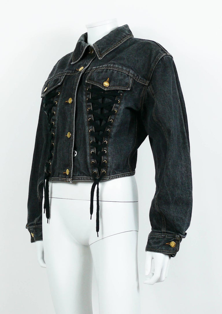 Jean Paul Gaultier Junior Vintage Black Denim Iconic Corset Style Jacket For Sale 1