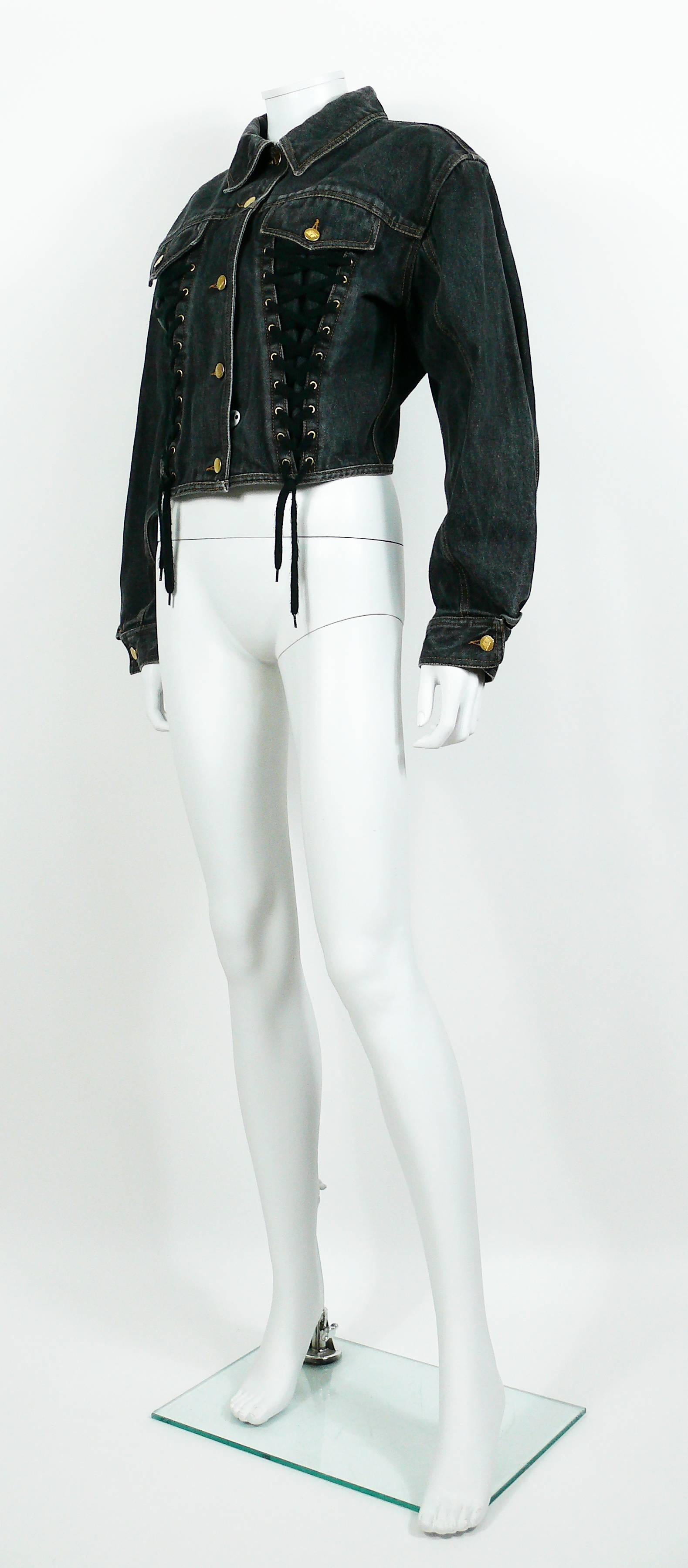 Jean Paul Gaultier Junior Vintage Black Denim Iconic Corset Style Jacket In Good Condition In Nice, FR
