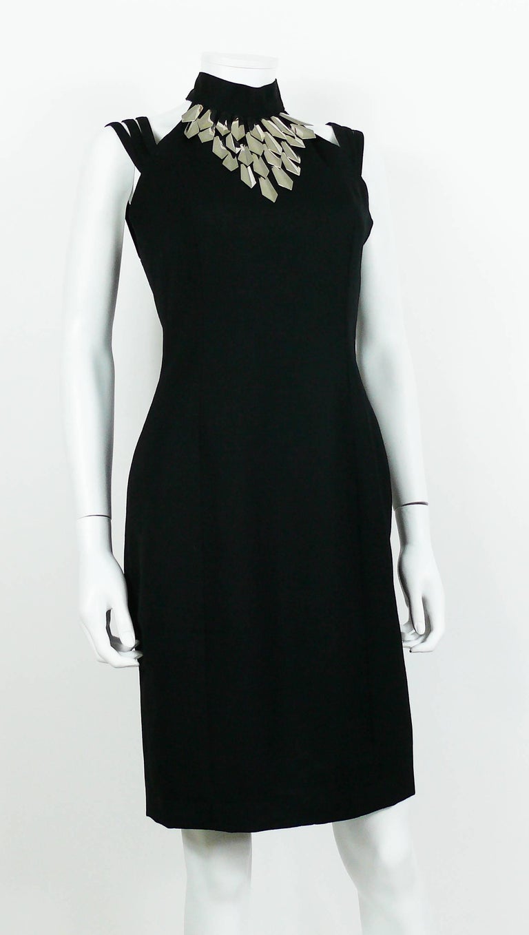 Paco Rabanne Vintage Black Wool Halter Dress with Metal Collar US Size