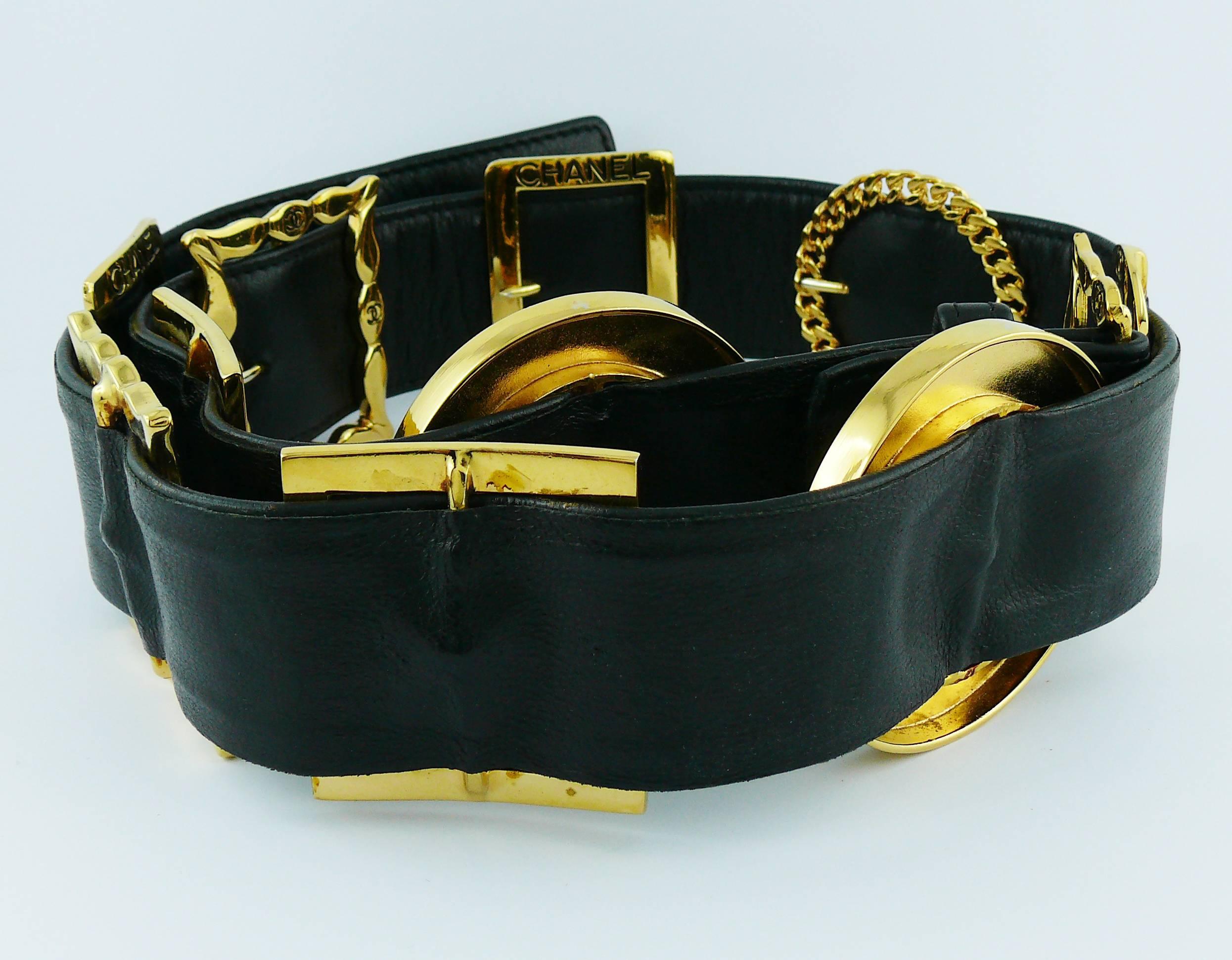 Chanel Vintage Black Leather Multi Buckle Belt 2