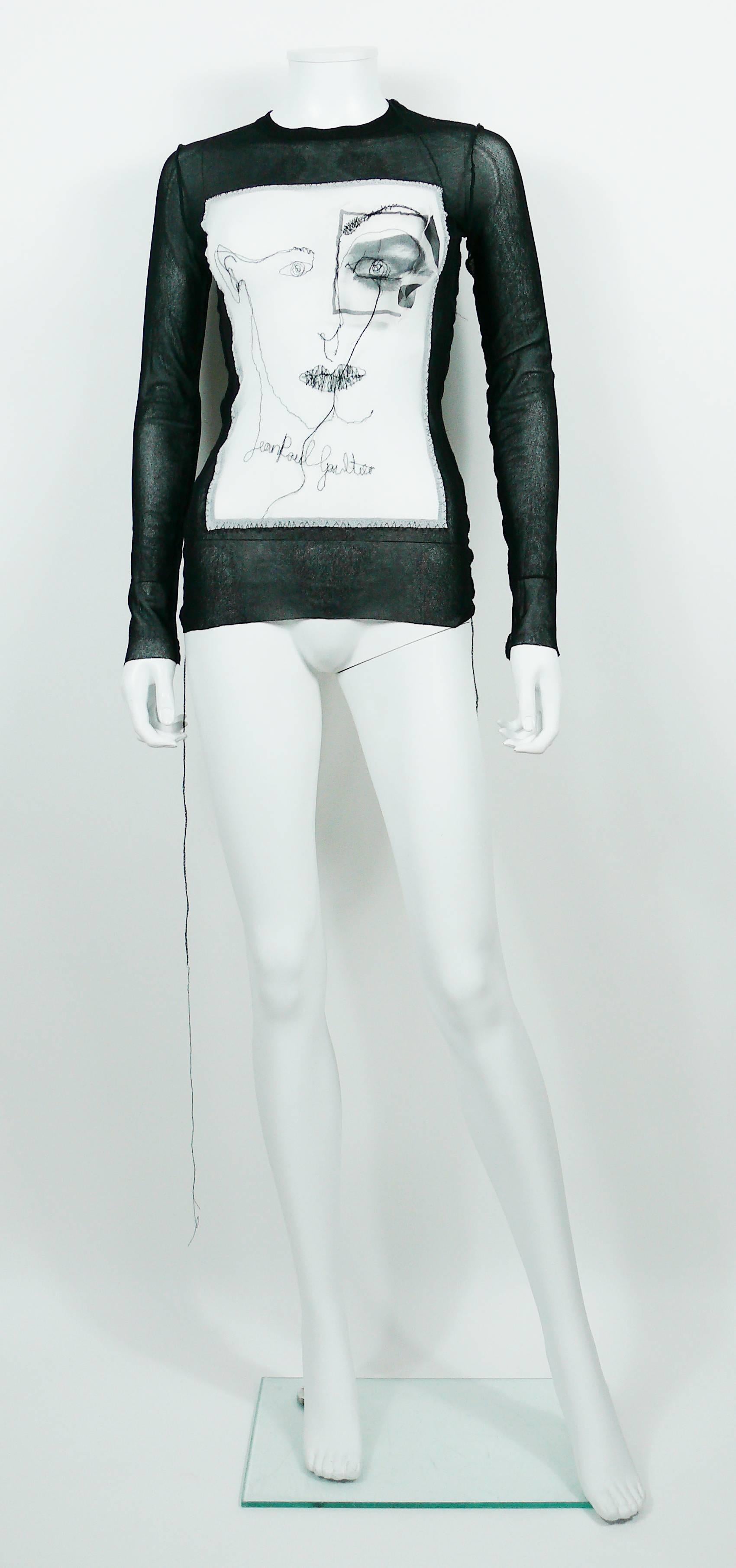 Black Jean Paul Gaultier Maille Femme Portrait and Eye Applique Mesh Top Size M
