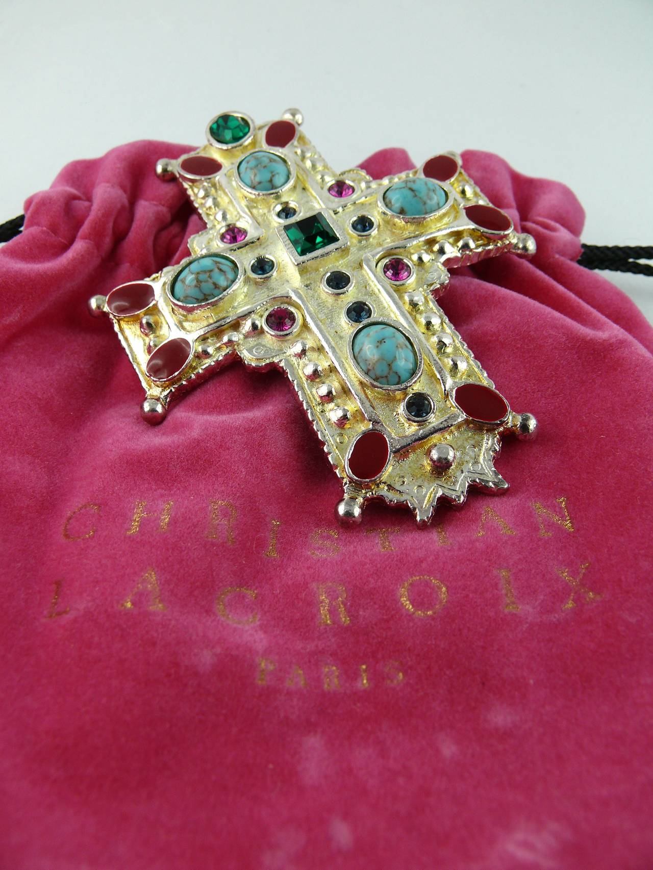 Christian Lacroix Vintage Rare Massive Jewelled Cross Brooch Pendant 1