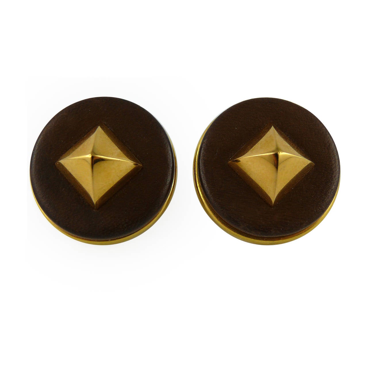 Hermes Vintage Medor Noisette Leather Stud Clip-On Earrings