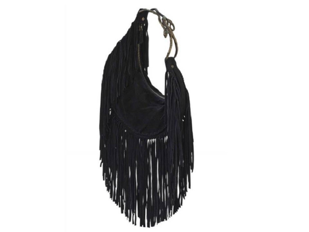 VALENTINO GARAVANI oversize gorgeous black suede fringe jewelled bag.

Stunning handle featuring two intertwined bronze serpents embellished with green stones.
Animal print lining. One inner pocket.

Can be worn shoulder or hand.

Similar