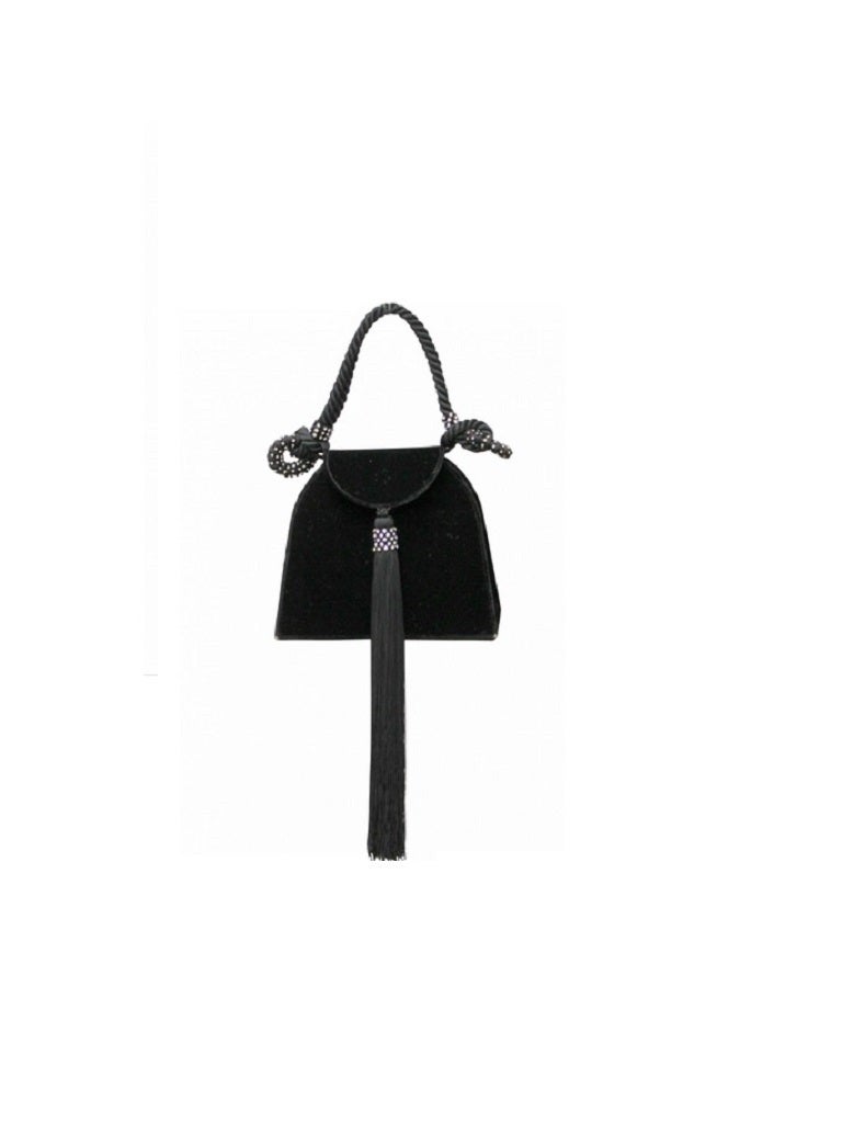 ESCADA black velvet trapezoidal evening bag with diamante detail to handle and extra long tassel to front.

Box-style with solid sides.
One strap made up of two intertwined rope effect straps with diamante detail to sides.

Embossed Escada Made