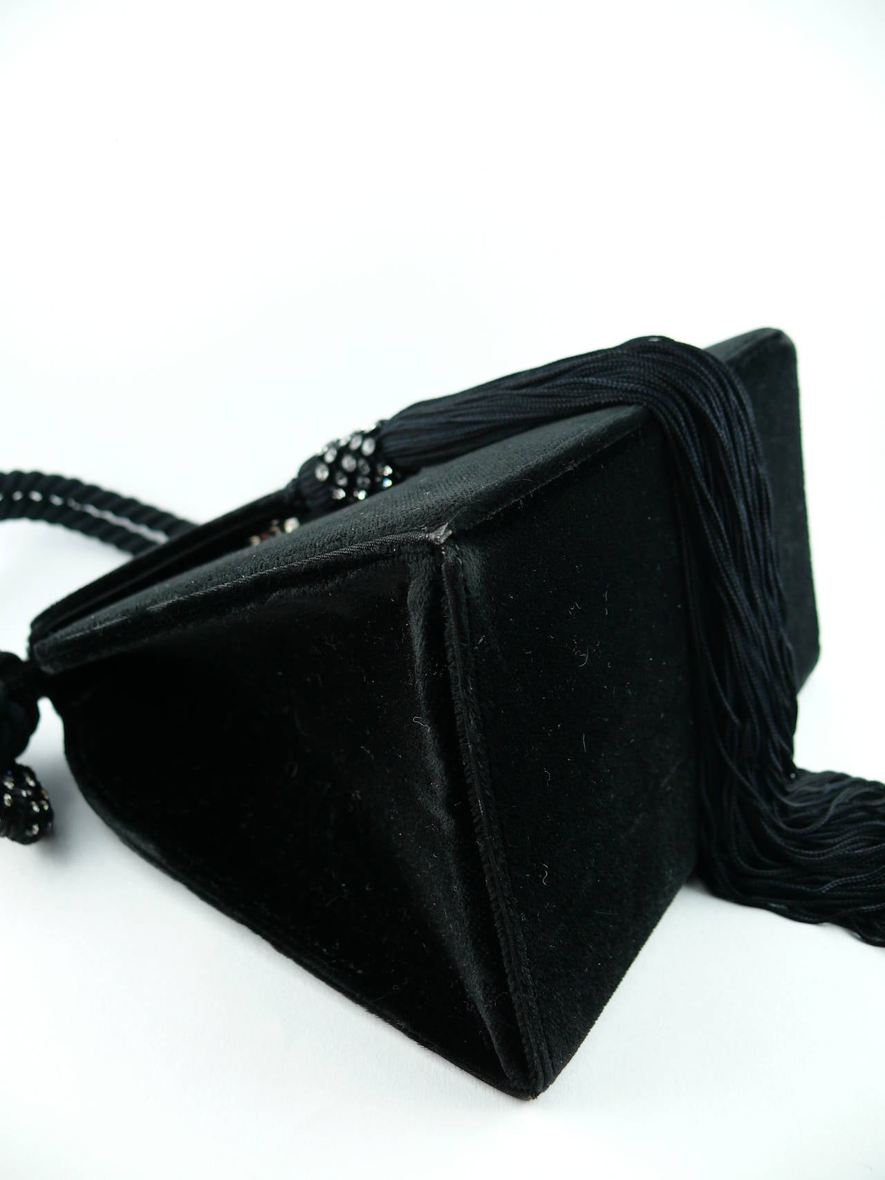 Escada Black Velvet Evening Extra Long Tassel Diamante Bag In Excellent Condition In Nice, FR