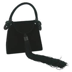 Escada Black Velvet Evening Extra Long Tassel Diamante Bag