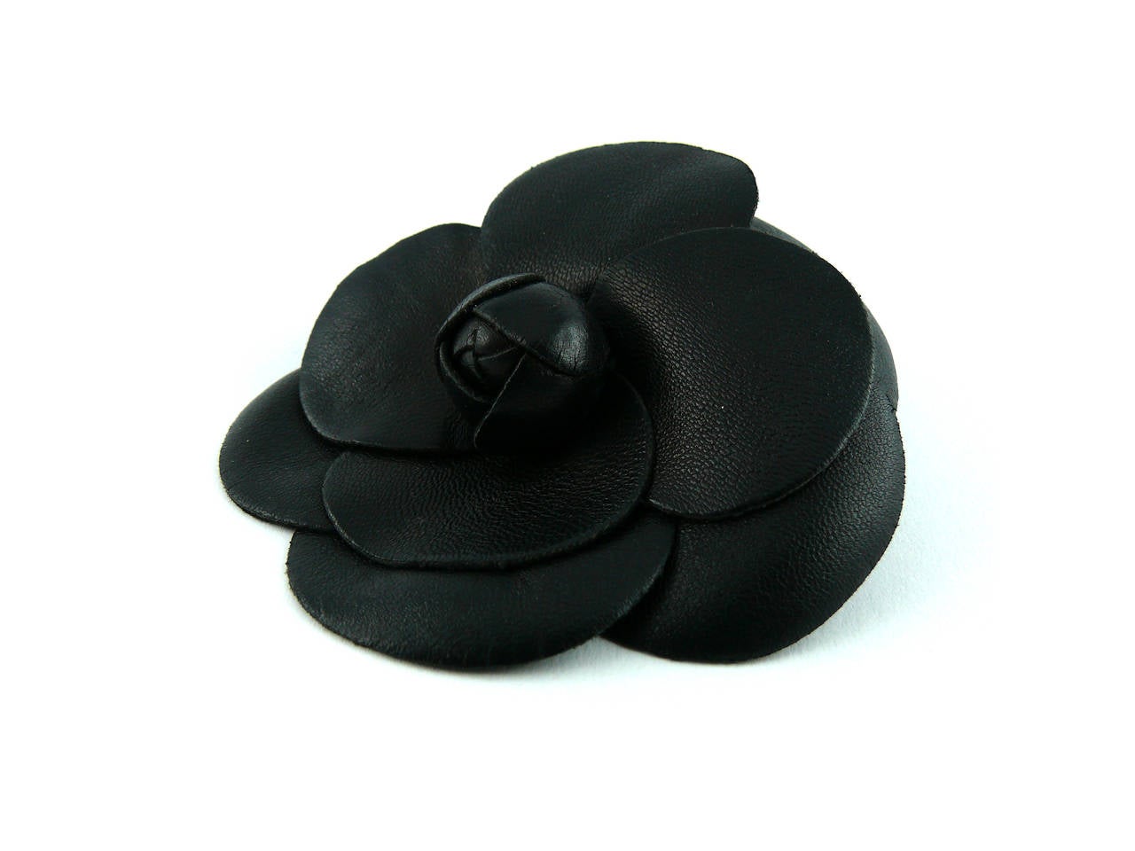 Chanel Classic Black Leather Camellia Brooch