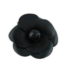 Chanel Classic Black Leather Camellia Brooch