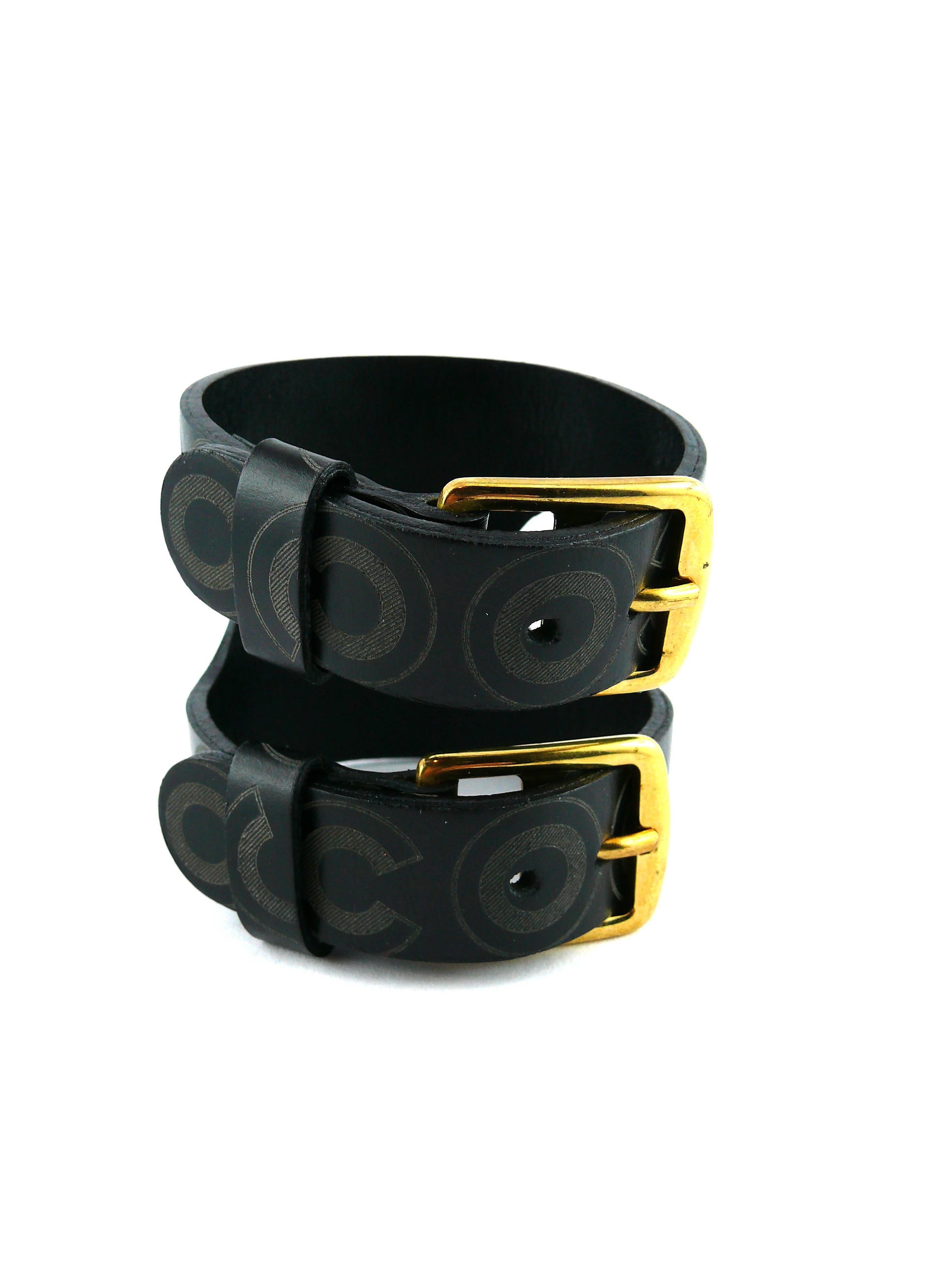 Chanel Black Leather Wide Coco Unisex Double Buckle Cuff Bracelet FW 2001 In Good Condition For Sale In Nice, FR