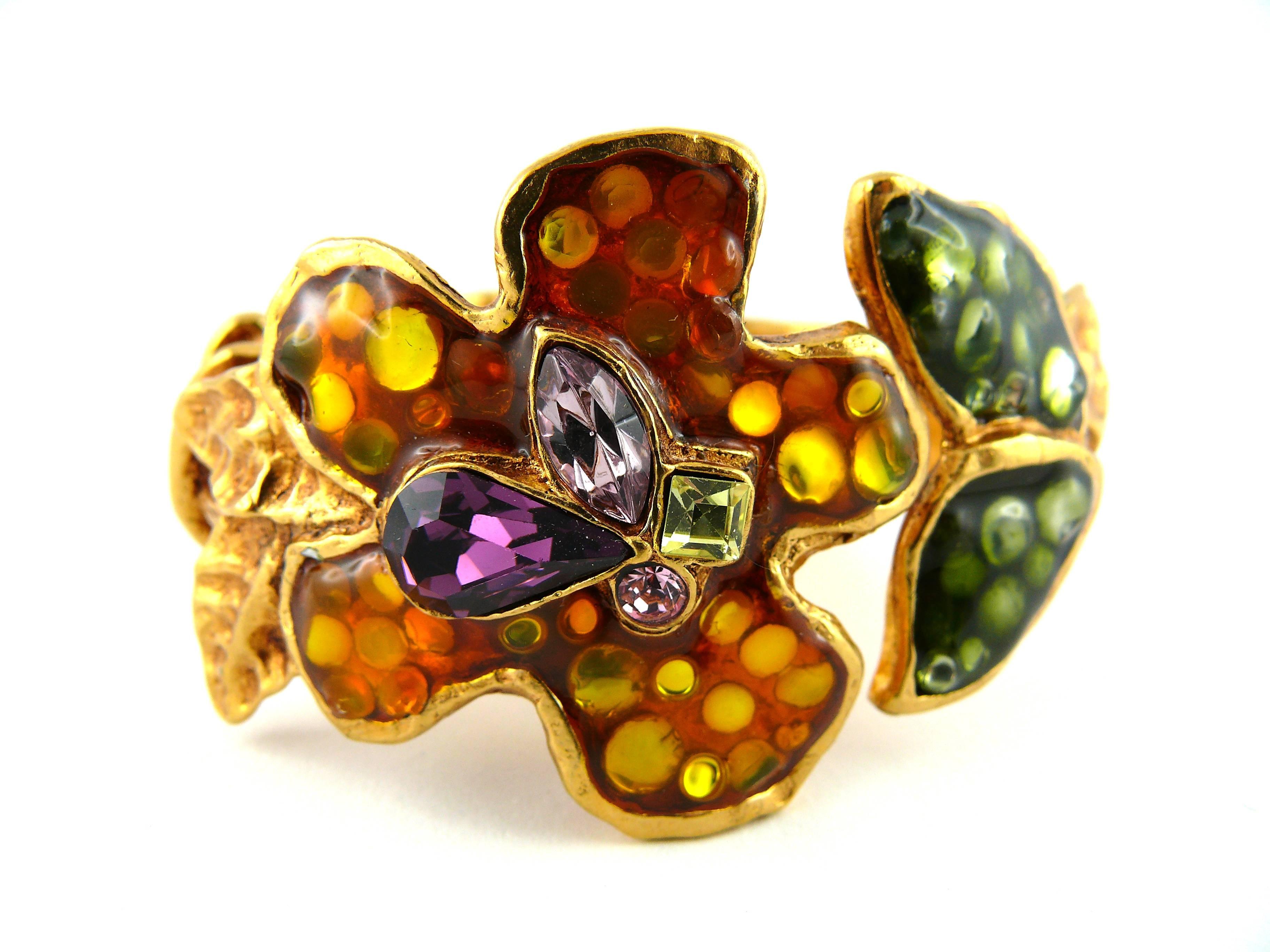 Christian Lacroix Vintage Jewelled Enamel Floral Clamper Bracelet In Excellent Condition In Nice, FR