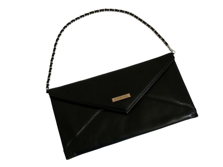 CHANEL CC Envelope Printed Leather Chain Clutch Bag Black