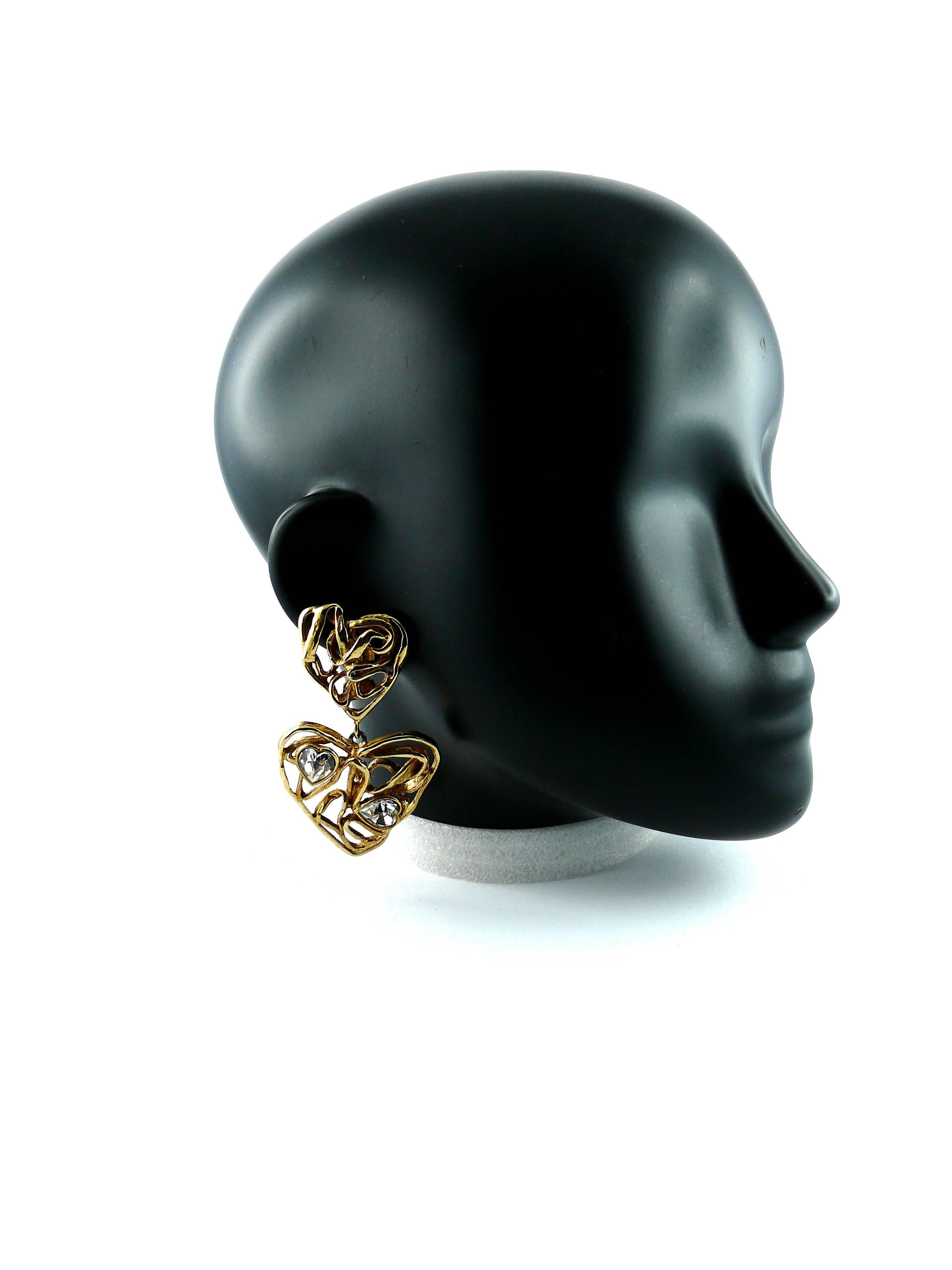 Yves Saint Laurent YSL Vintage Massive Jewelled Wired Heart Dangling Earrings In Excellent Condition In Nice, FR