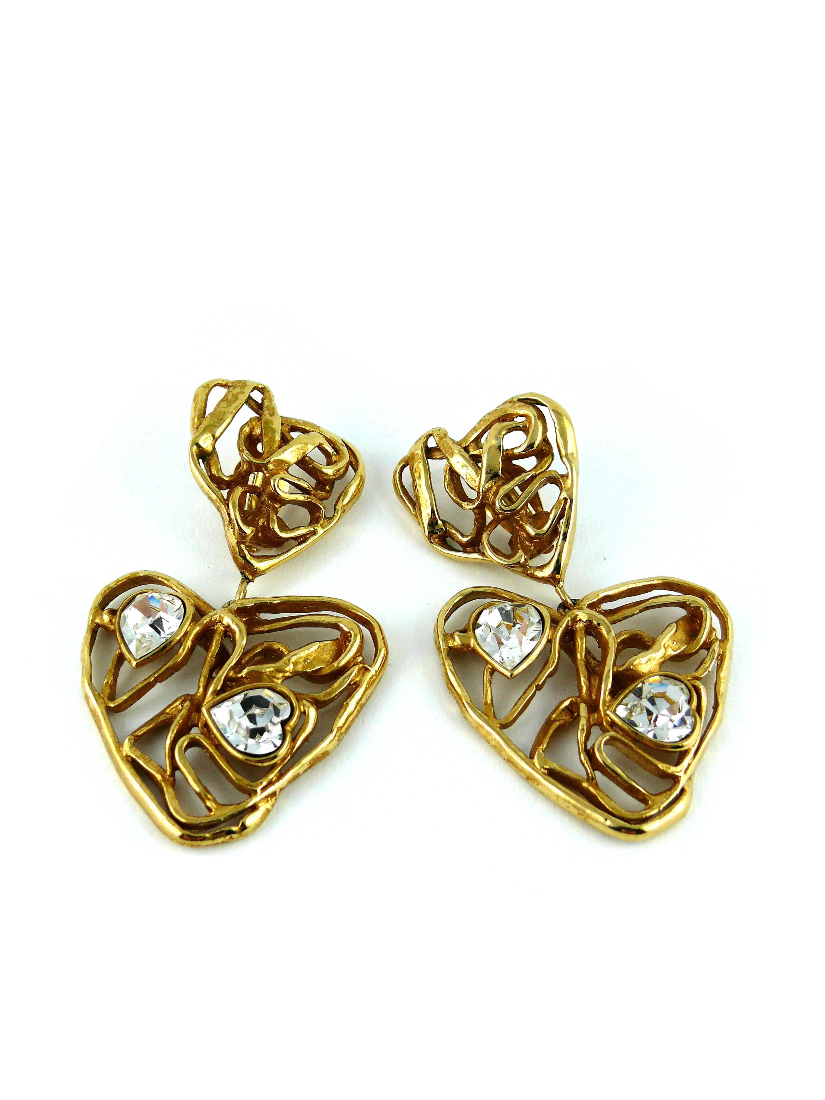 Women's Yves Saint Laurent YSL Vintage Massive Jewelled Wired Heart Dangling Earrings