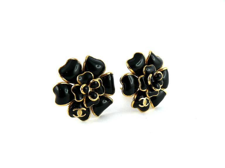 Chanel Black Gripoix Camellia Flower Clip-On Earrings with CC Logo