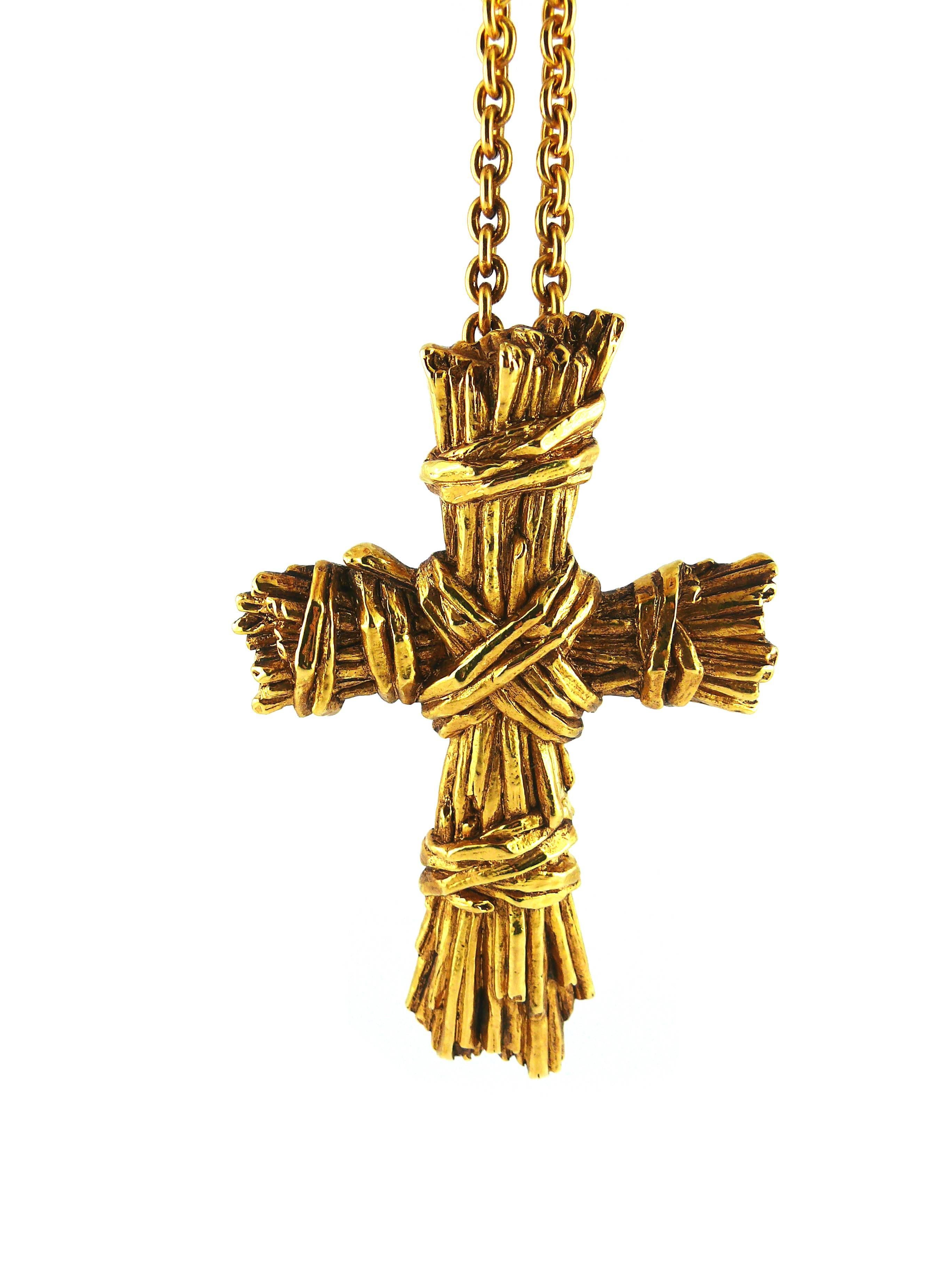 Christian Lacroix Vintage Massive Ribbed Textured Cross Necklace 1