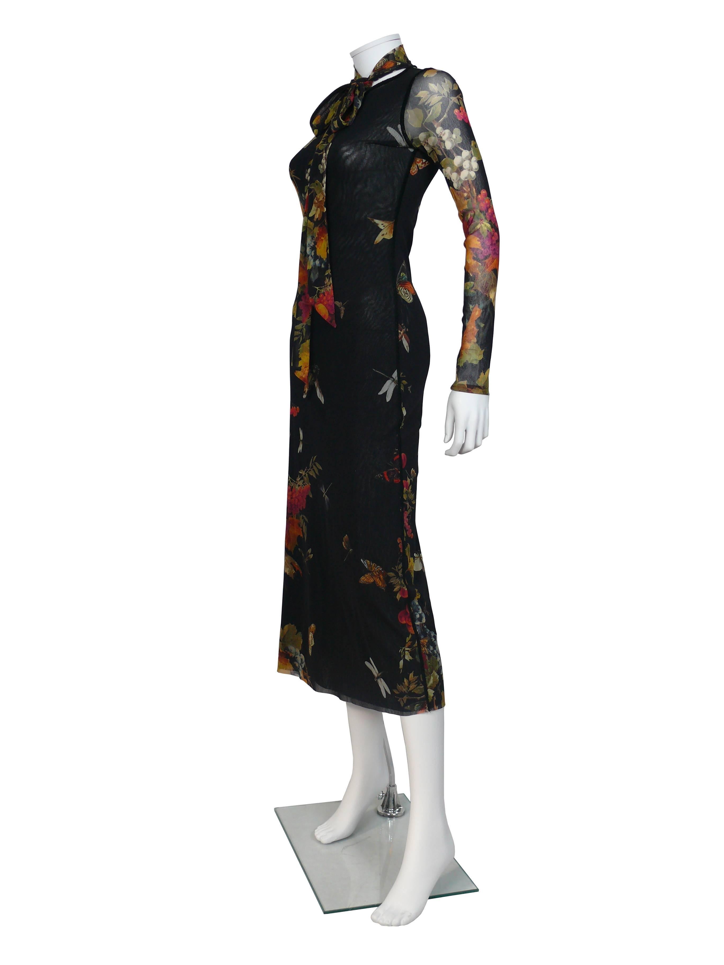 JEAN PAUL GAULTIER gorgeous floral print Fuzzi stretch mesh dress.

Multicolor design featuring grapes, butterflies and dragonflies on a black background.

Label reads JEAN PAUL GAULTIER Soleil.

Marked Size : M.
Please refer to