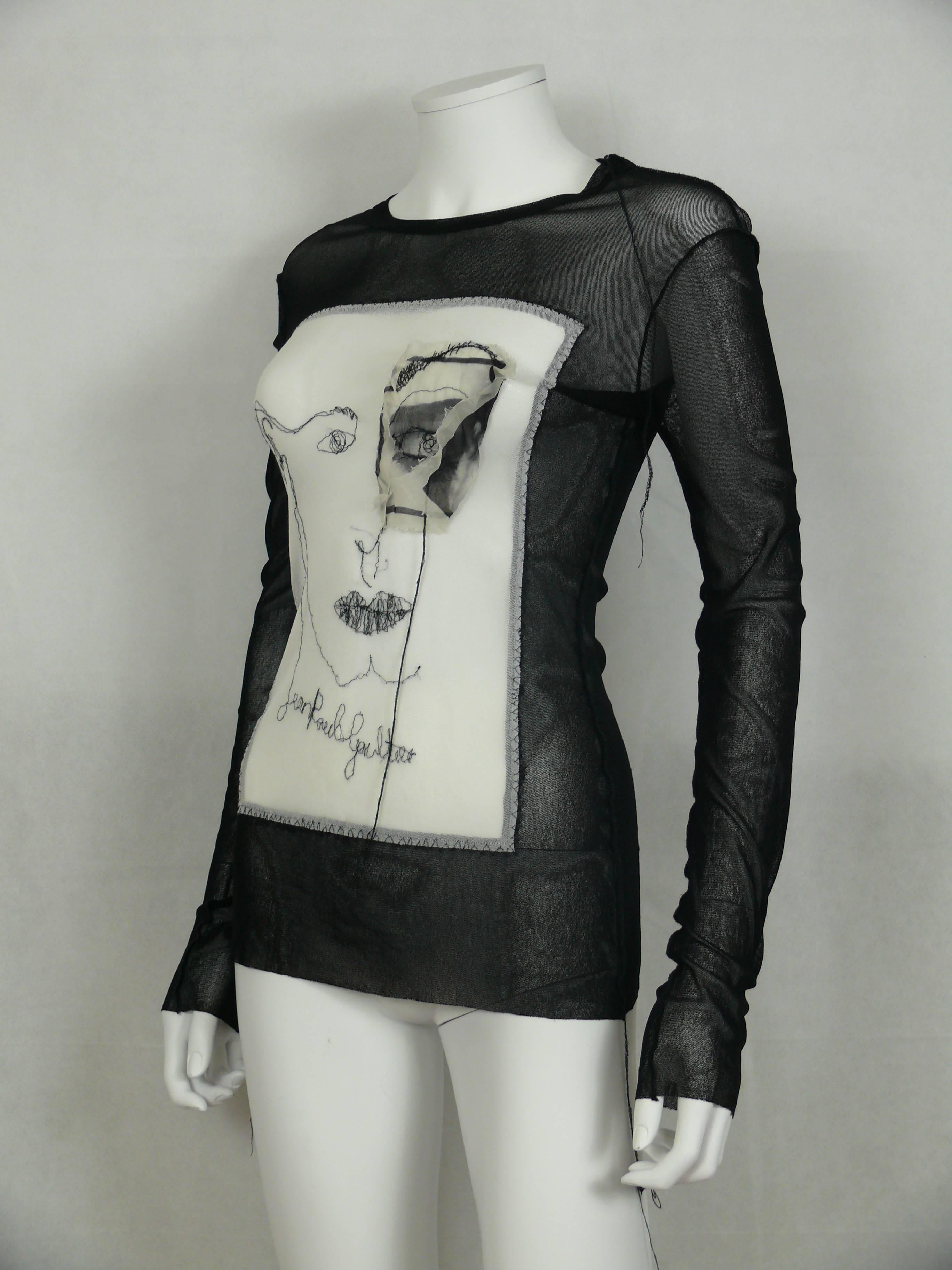 Jean Paul Gaultier Vintage Embroidered Portrait and Eye Applique Mesh Top M In Excellent Condition In Nice, FR