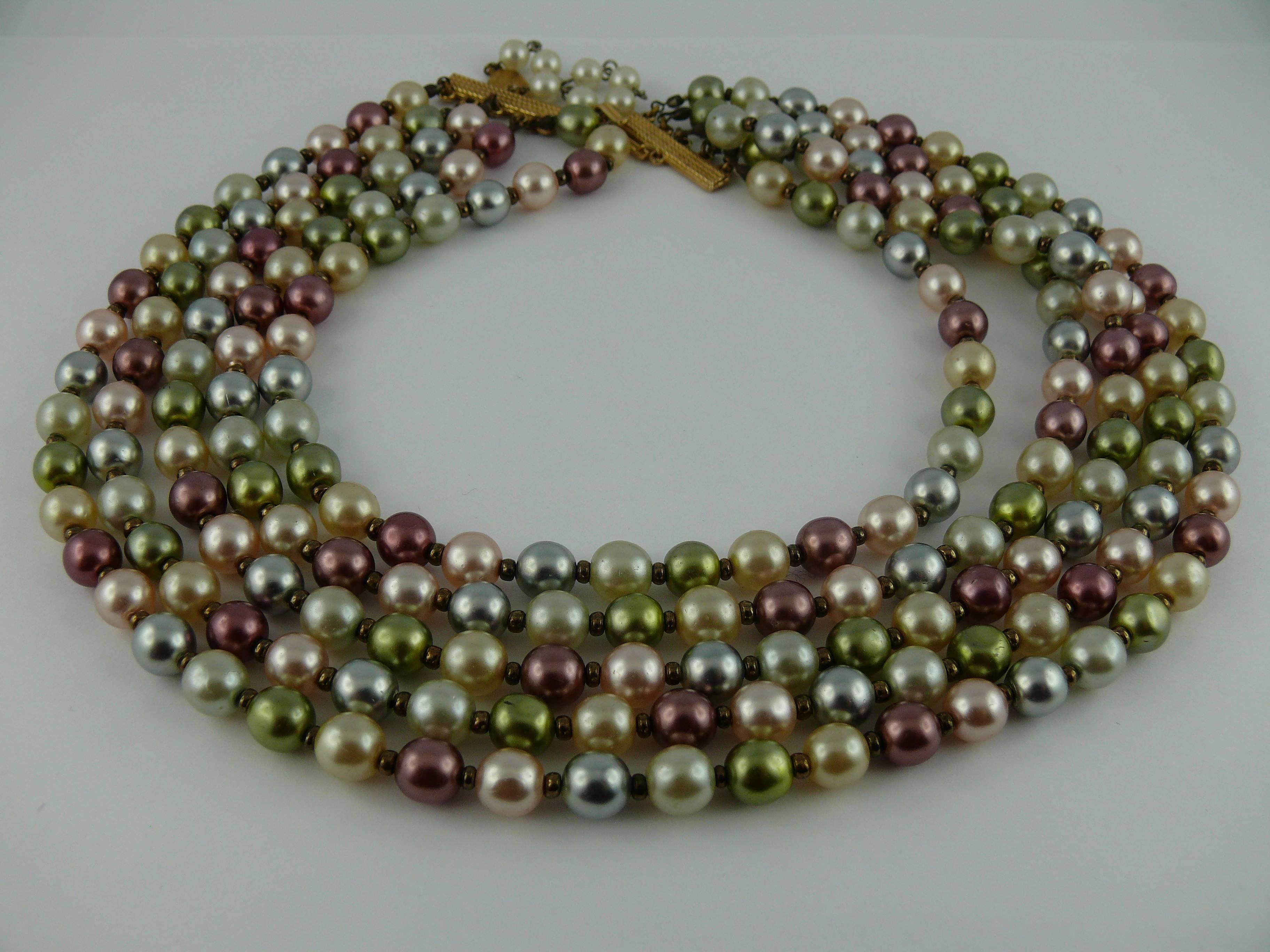 CHRISTIAN DIOR vintage five strand multicolor pearl choker necklace with gold tone hardware.

Hook closure.

Marked CHRISTIAN DIOR.

Indicative measurements : length from approx. 33 cm (12.99 inches) to 39 cm (15.35 inches) / height approx. 6 cm