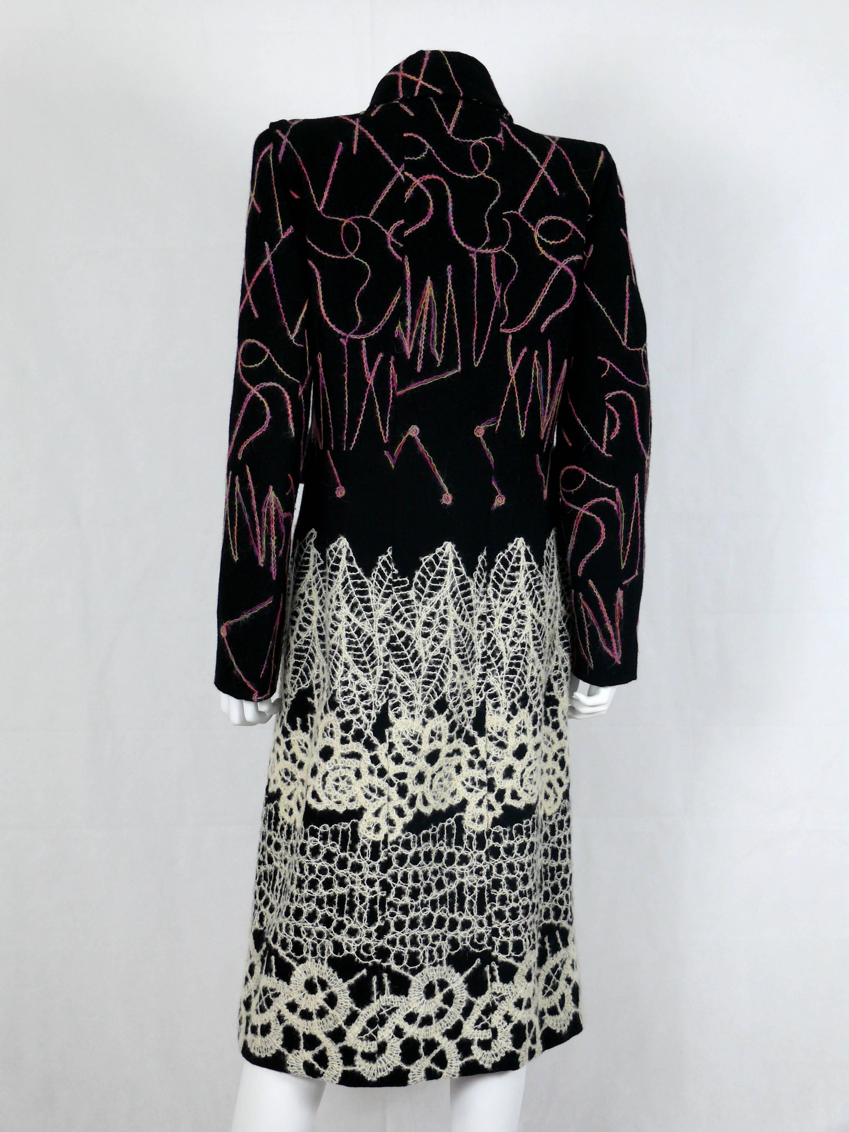Black Christian Lacroix Vintage Wool Blend Coat with Appliqué and Embroideries