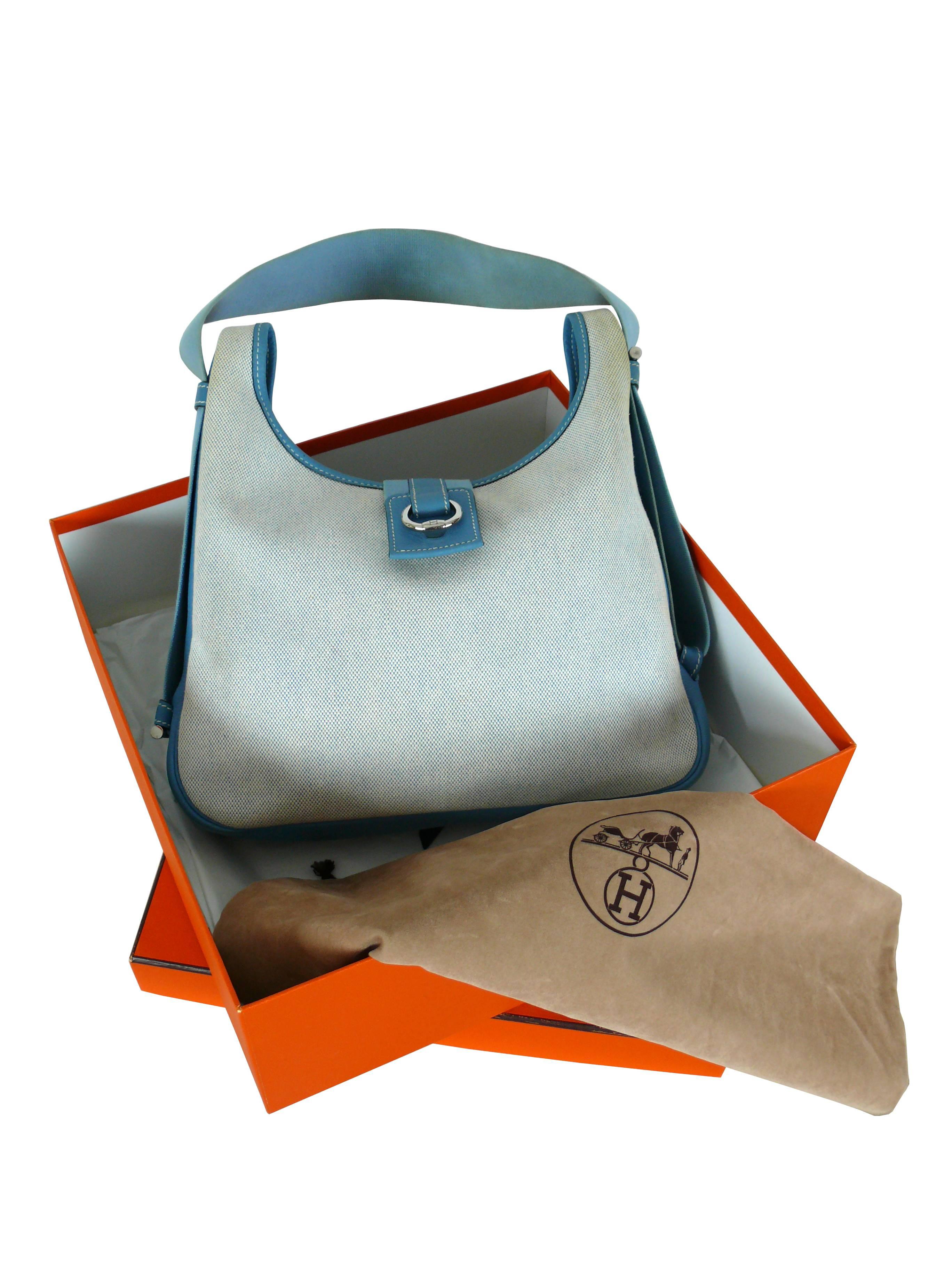 Gray Hermes Vintage Beige Canvas and Blue Jean Blue Togo Leather Tsako Bag