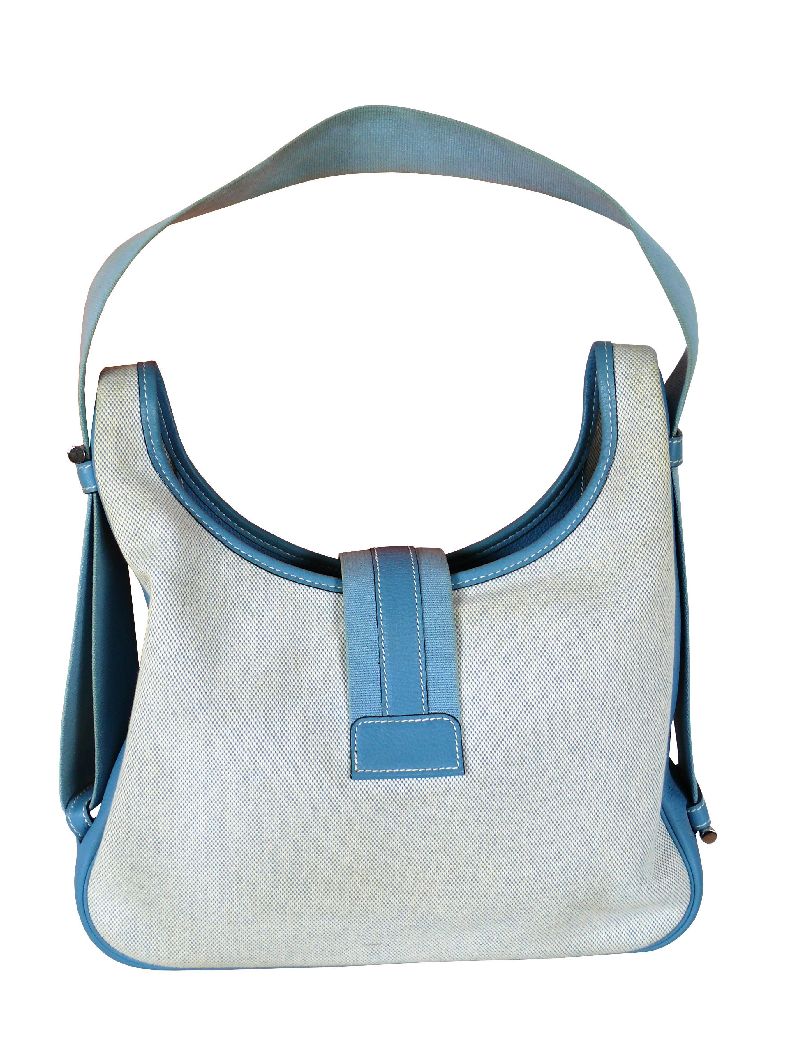 Women's Hermes Vintage Beige Canvas and Blue Jean Blue Togo Leather Tsako Bag