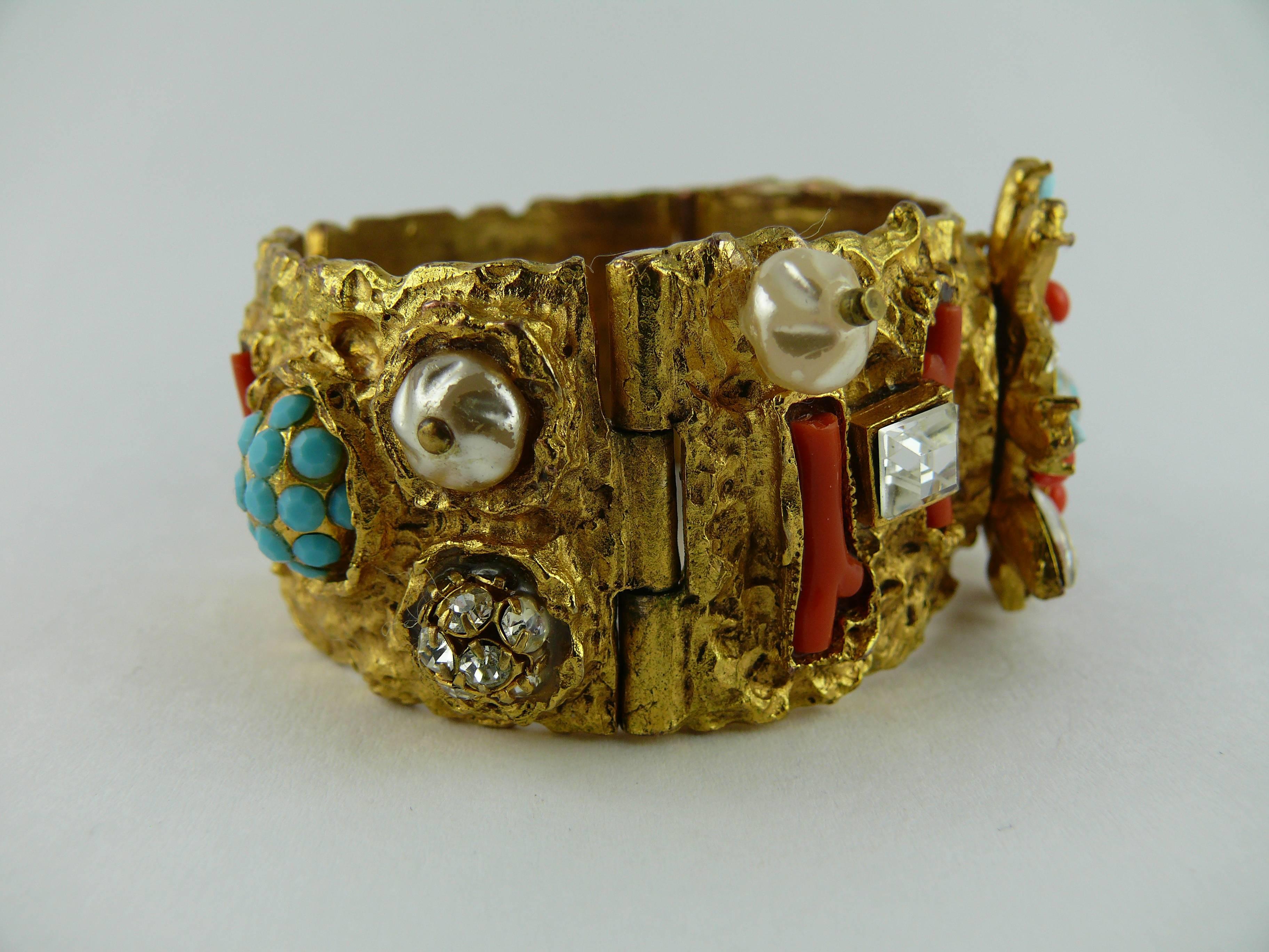 Christian Lacroix Vintage Opulent Jewelled Clamper Bracelet Turquoise Coral In Good Condition In Nice, FR