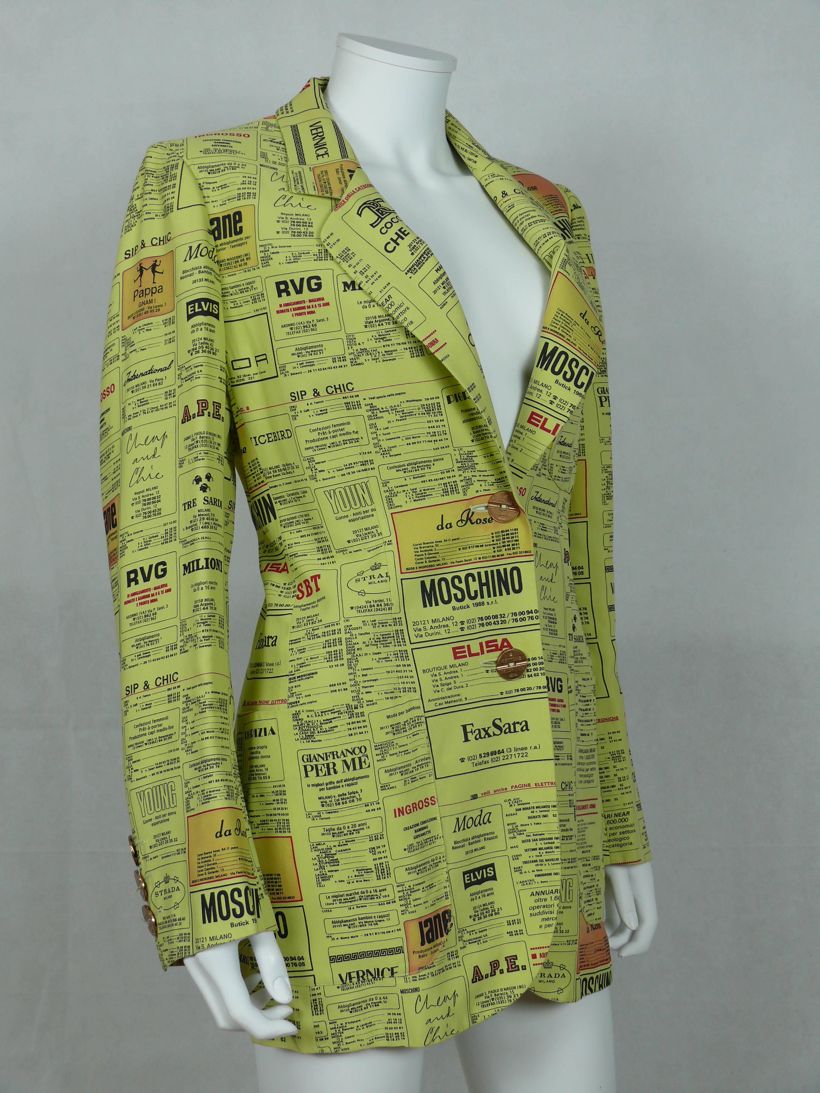 MOSCHINO vintage printed Yellow Pages jacket.

This jacket features advertsing pages from the Milan telephone directory with logos of fashion houses such as Hermès (here Charmès) and Max Mara (which appears as Fax Sara)... Buttons are crafted from