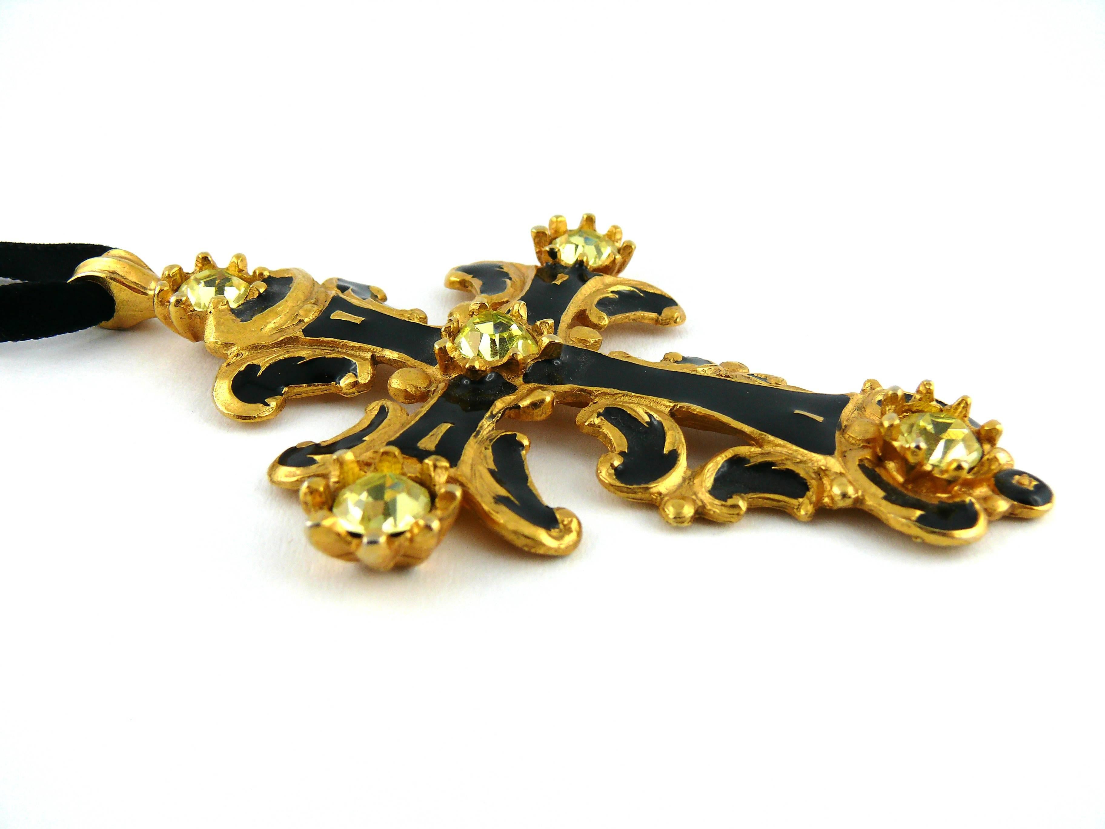 Christian Lacroix Vintage Baroque Jewelled Enamel Cross Pendant Necklace In Excellent Condition In Nice, FR