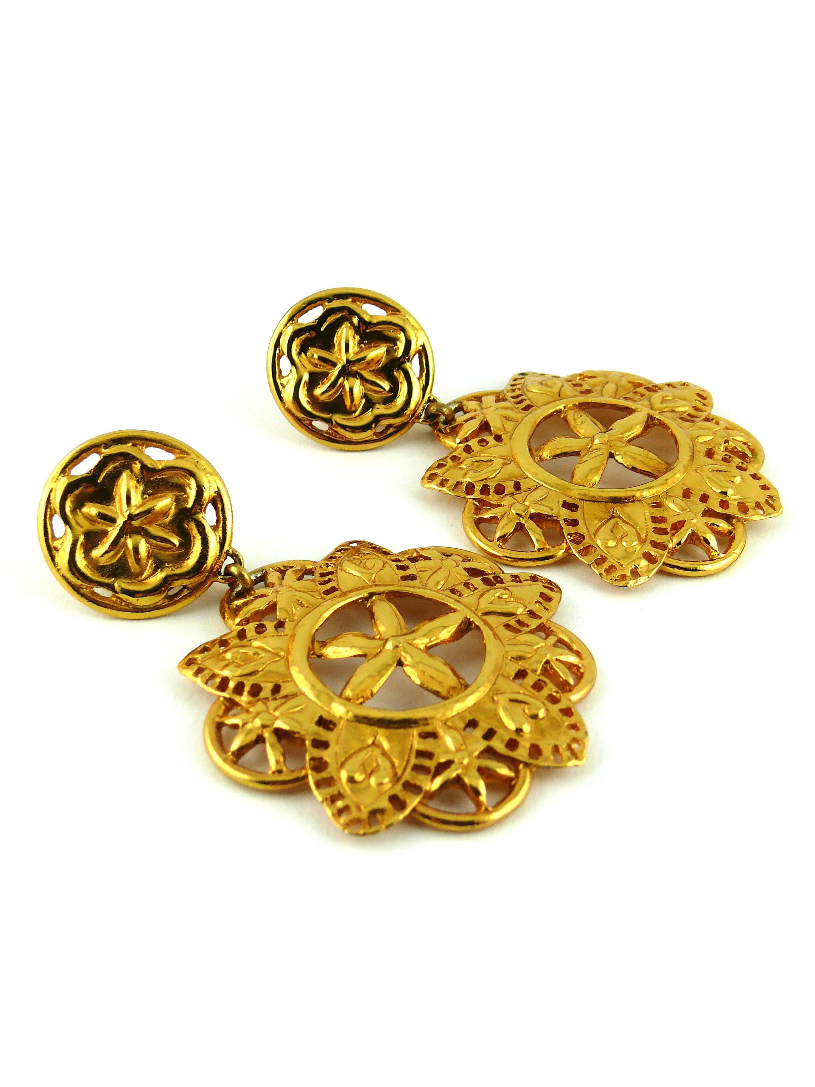 Women's Christian Lacroix Vintage Massive Gold Toned Openwork Abstract Floral Earrings