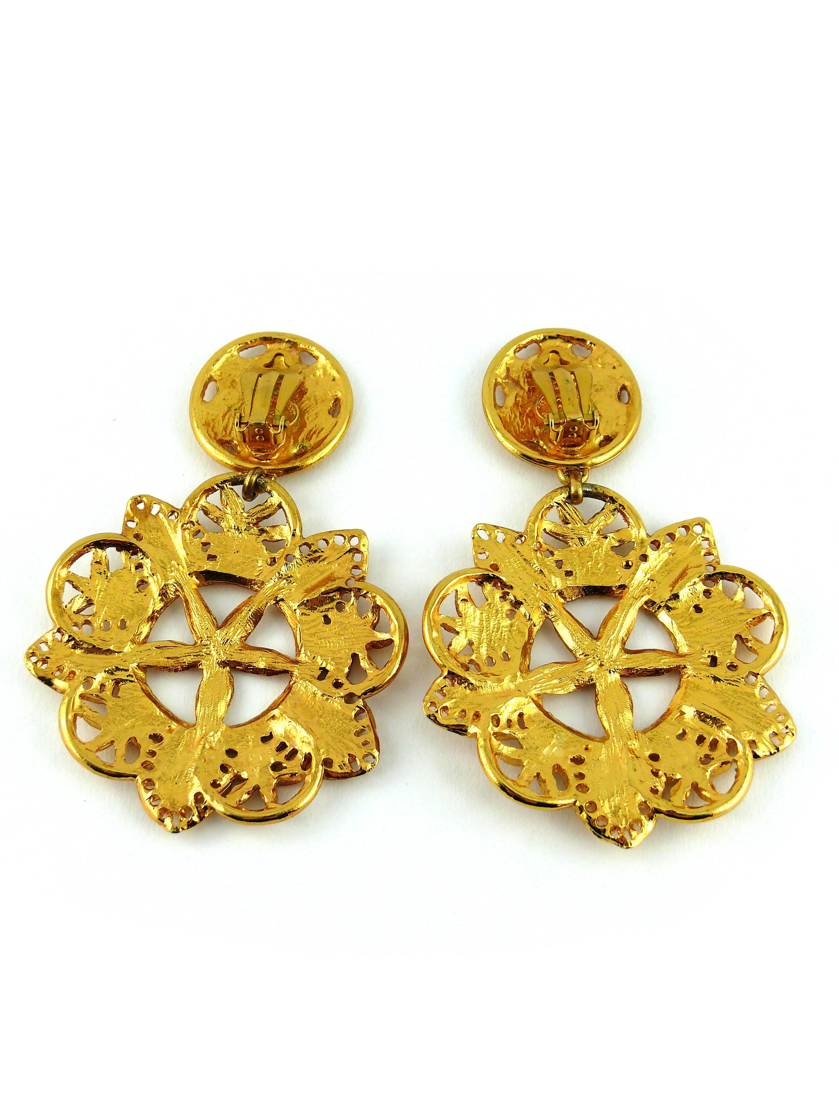 Christian Lacroix Vintage Massive Gold Toned Openwork Abstract Floral Earrings 2