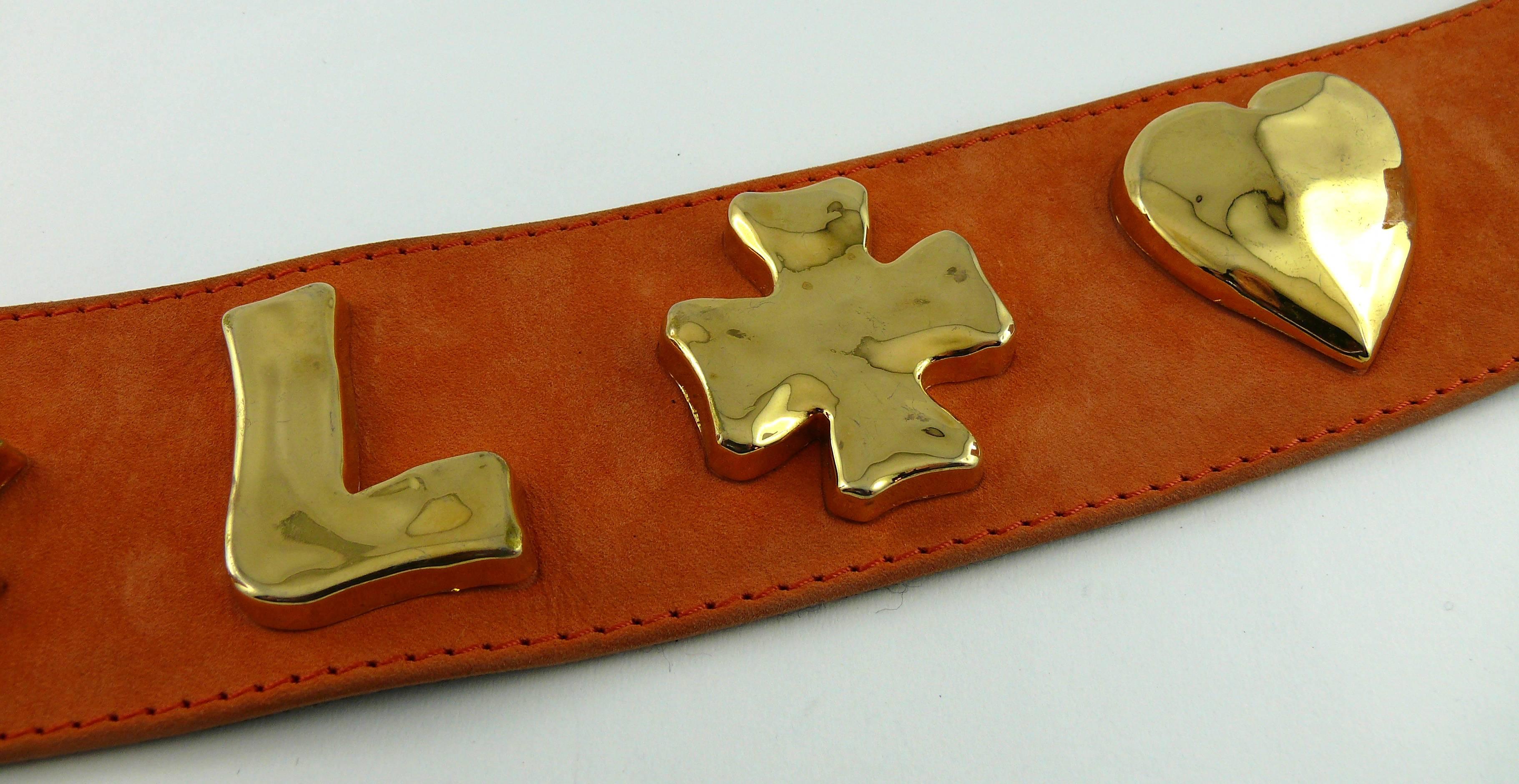 Brown Christian Lacroix Wide Peach Suede Leather Belt with Iconic Gold Symbols For Sale