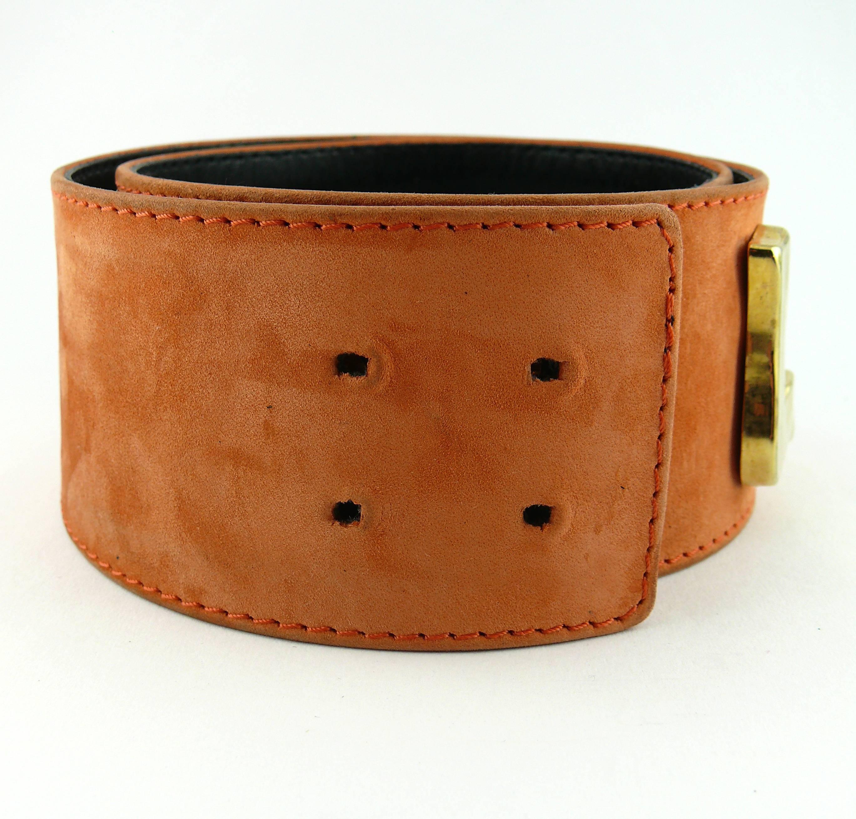 Christian Lacroix Wide Peach Suede Leather Belt with Iconic Gold Symbols In Good Condition For Sale In Nice, FR