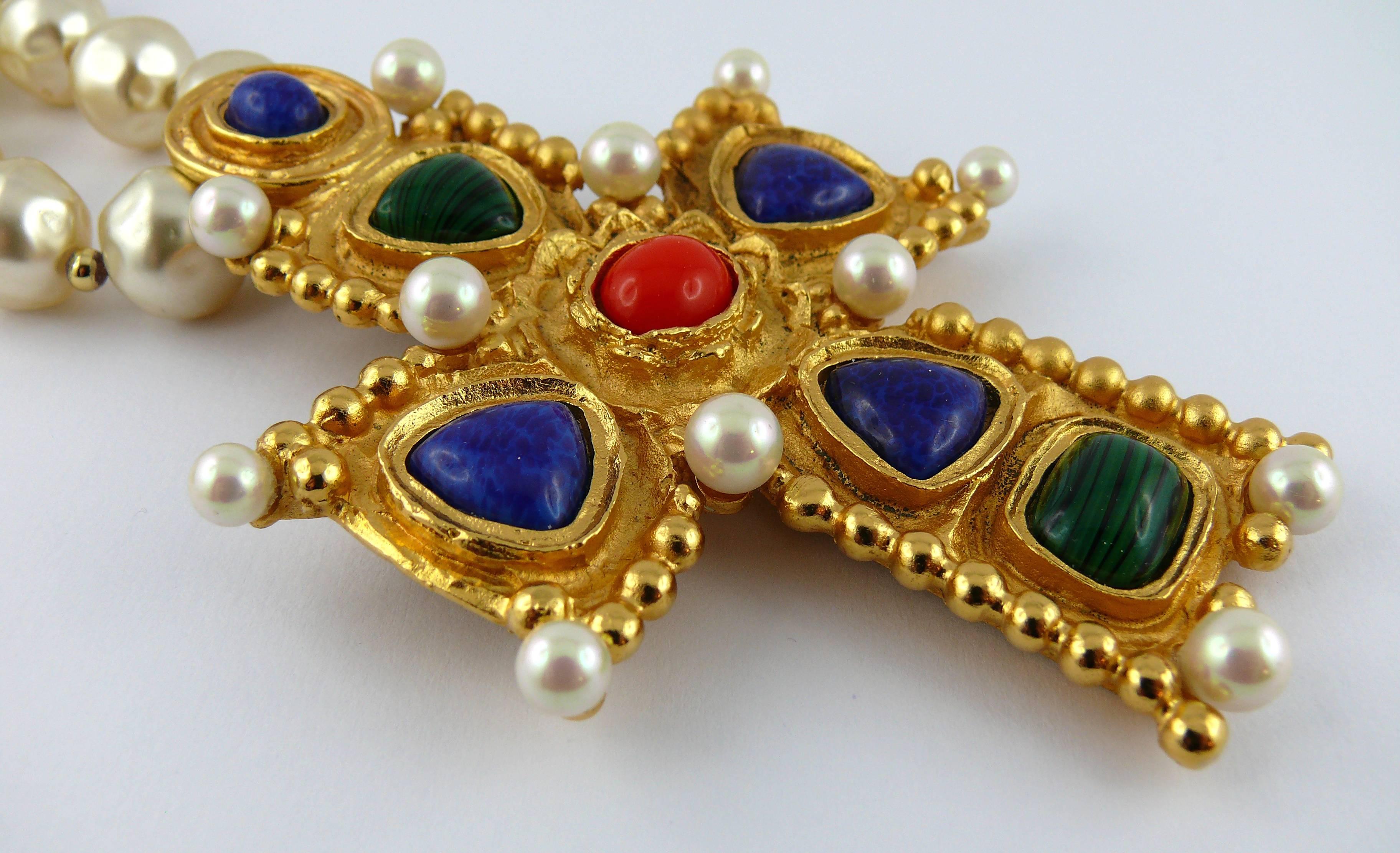 Christian Lacroix Vintage Byzantine Cross Pendant Pearl Necklace 1