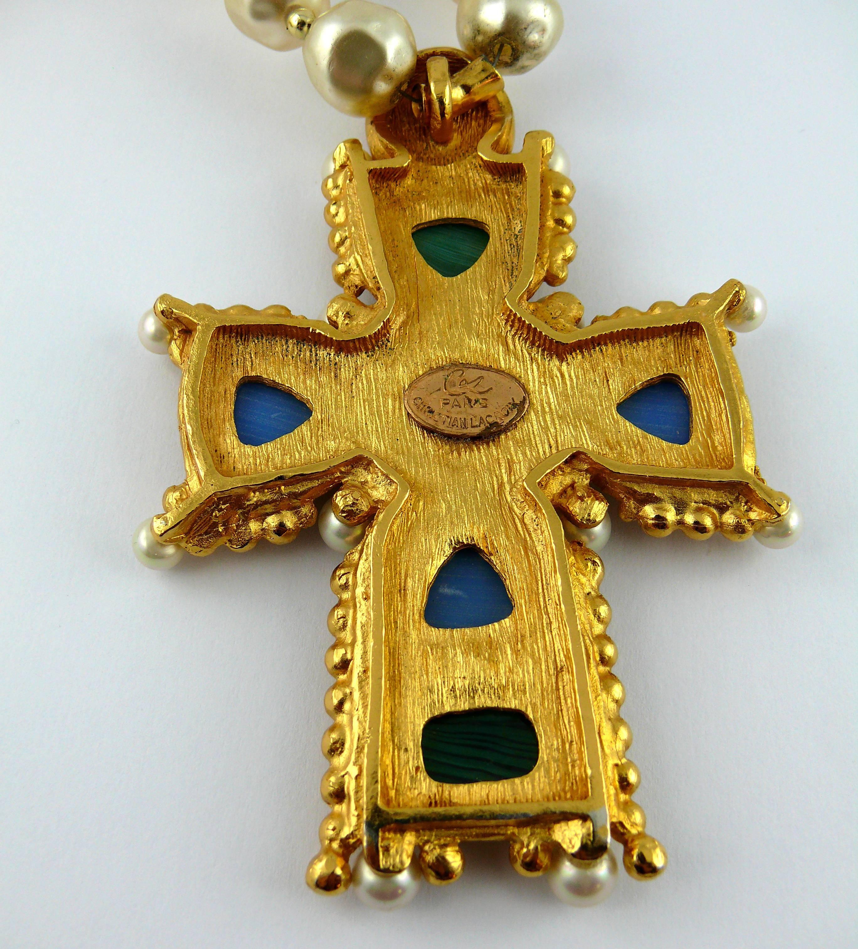 Christian Lacroix Vintage Byzantine Cross Pendant Pearl Necklace 3