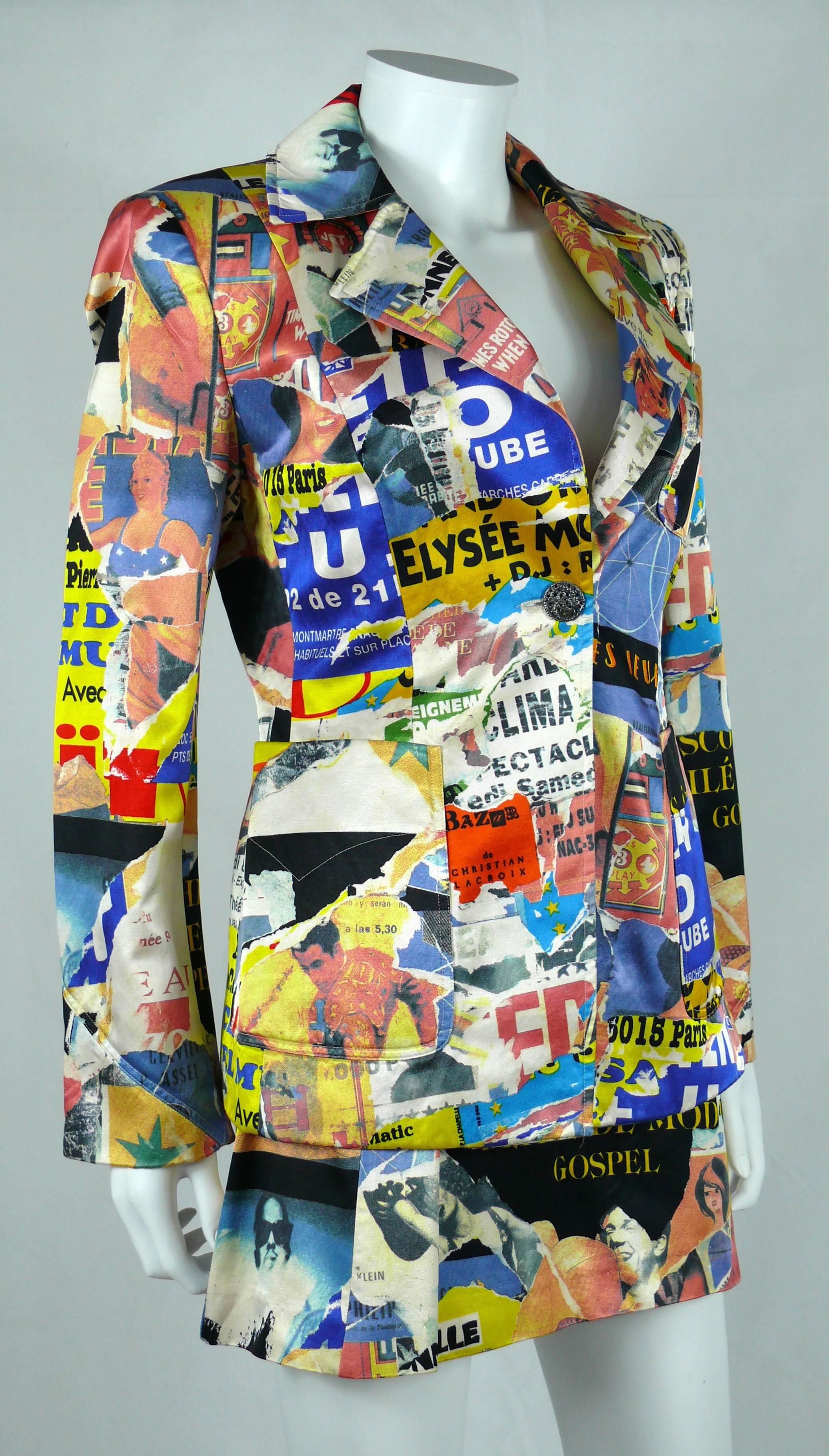 CHRISTIAN LACROIX Bazar vintage Pop Art blazer and skirt suit featuring a stunning lacerated poster print.

Label reads BAZAR de CHRISTIAN LACROIX.
Made in France. Modèle Déposé.
Composition and care labels.

BLAZER
Size label reads : 40 (please
