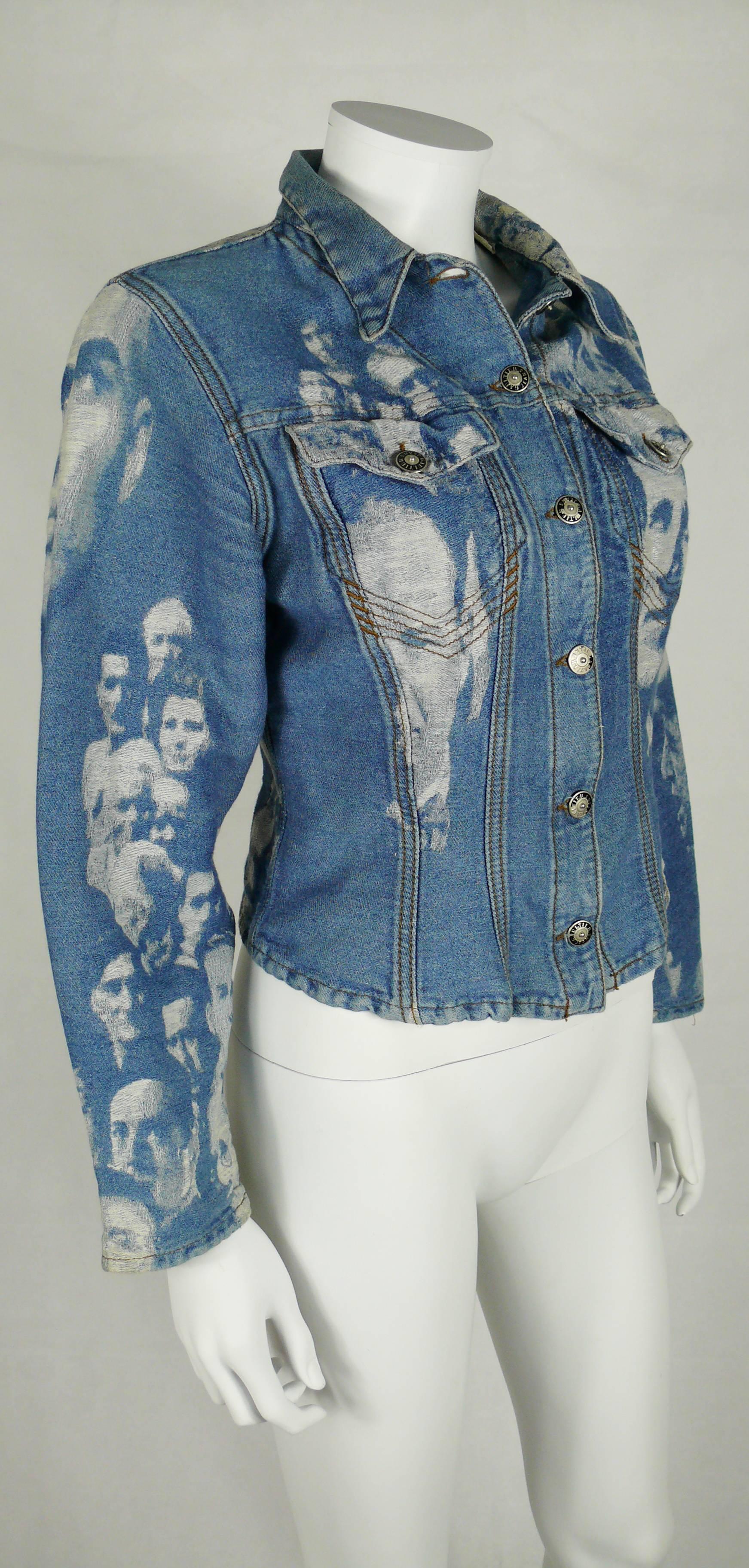 JEAN PAUL GAULTIER vintage blue cotton face jacquard denim jacket.

This jacket features :
- Front button fastening.
- Long sleeves.
- Front pockets.
- Adjustable back half-belt.

Label reads GAULTIER JEAN'S.

Composition label reads : 100 %