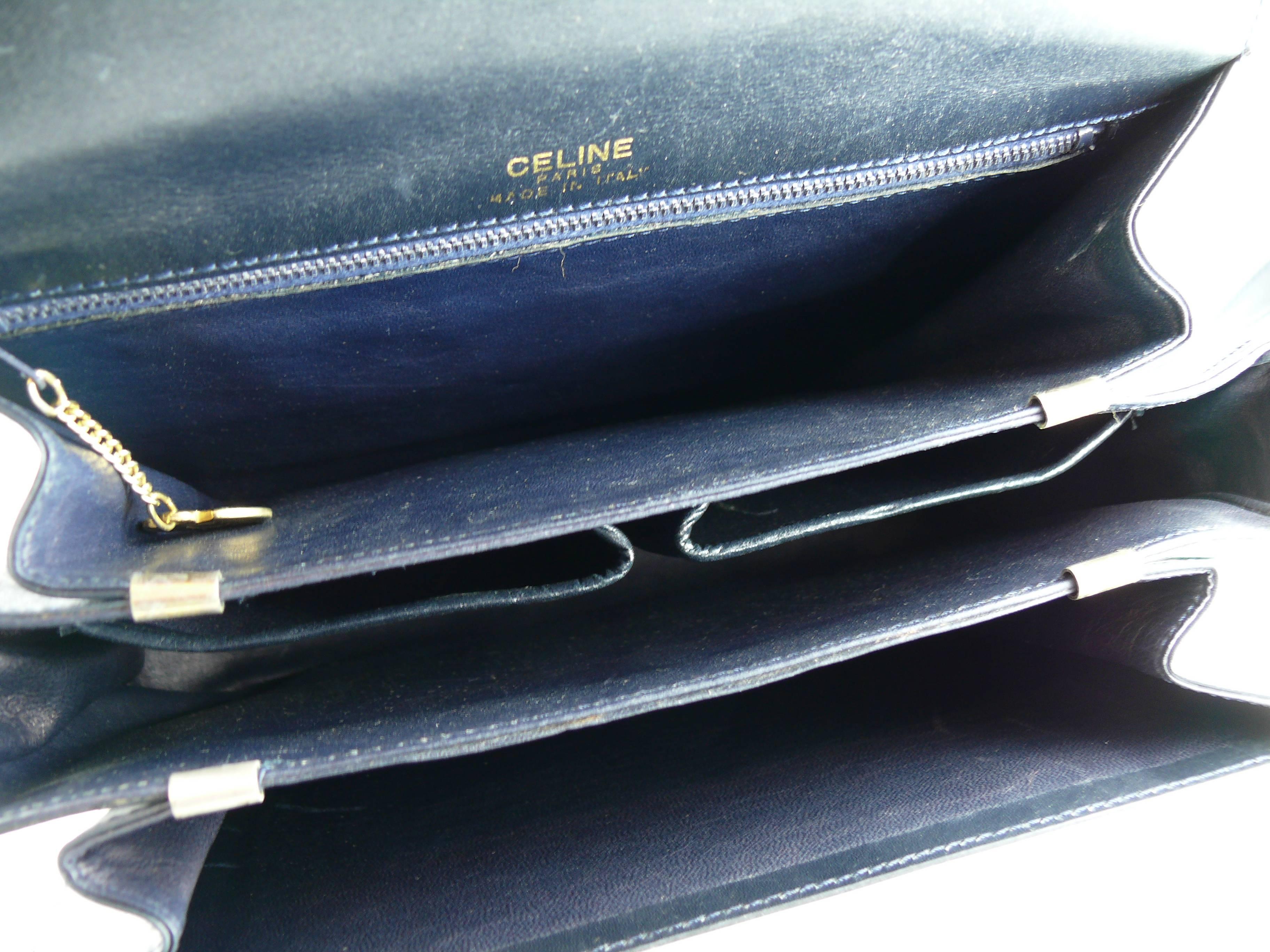 Celine Vintage Pferdewagen Schnalle Marineblau Box Leder Umhängetasche 4
