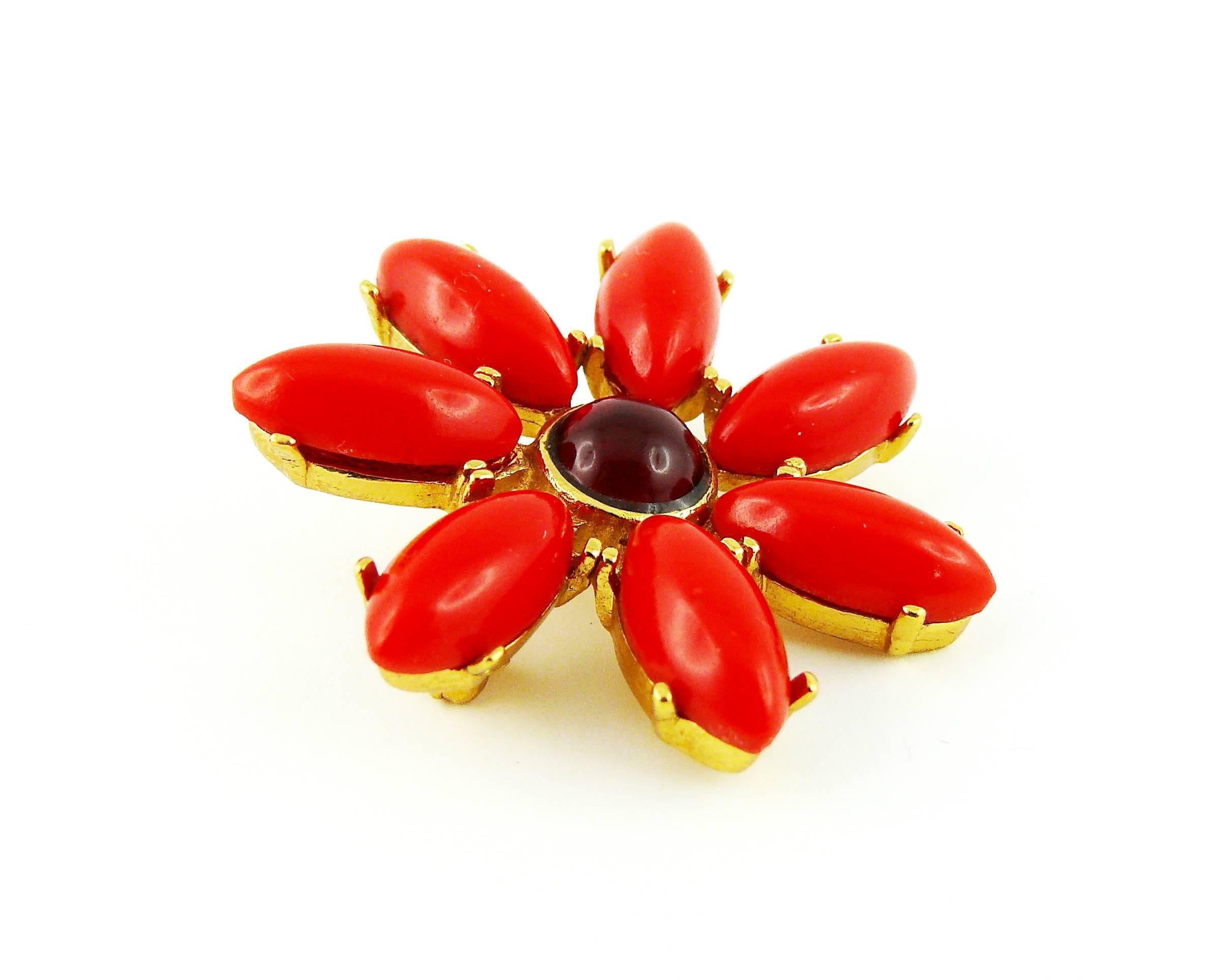 YVES SAINT LAURENT vintage flower brooch with faux coral petal resin cabochons and red glass cabochon.

Embossed YSL Made in France.

JEWELRY CONDITION CHART
- New or never worn : item is in pristine condition with no noticeable